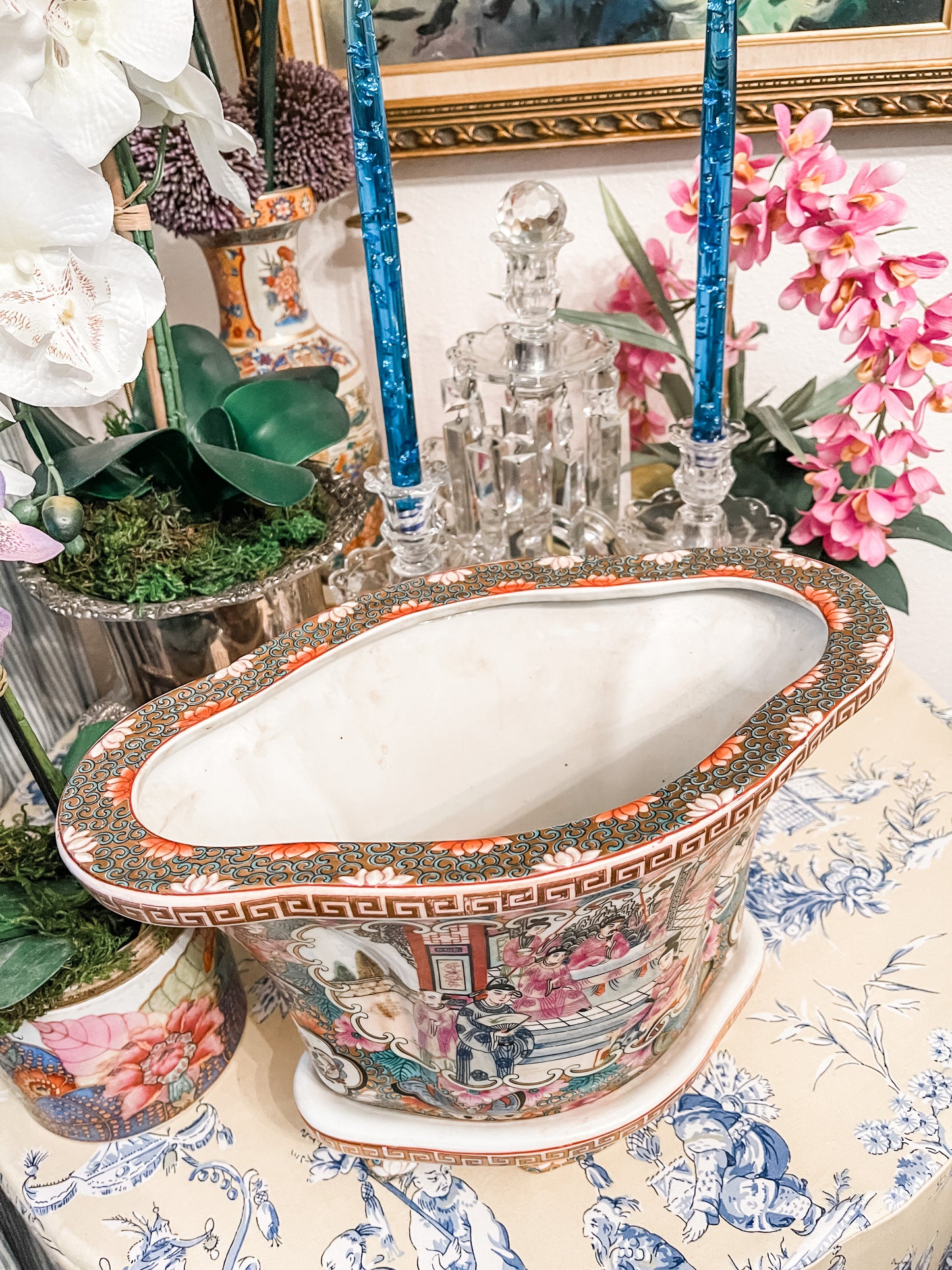 Vintage Rose Medallion Jardinerie with Greek Key Detail