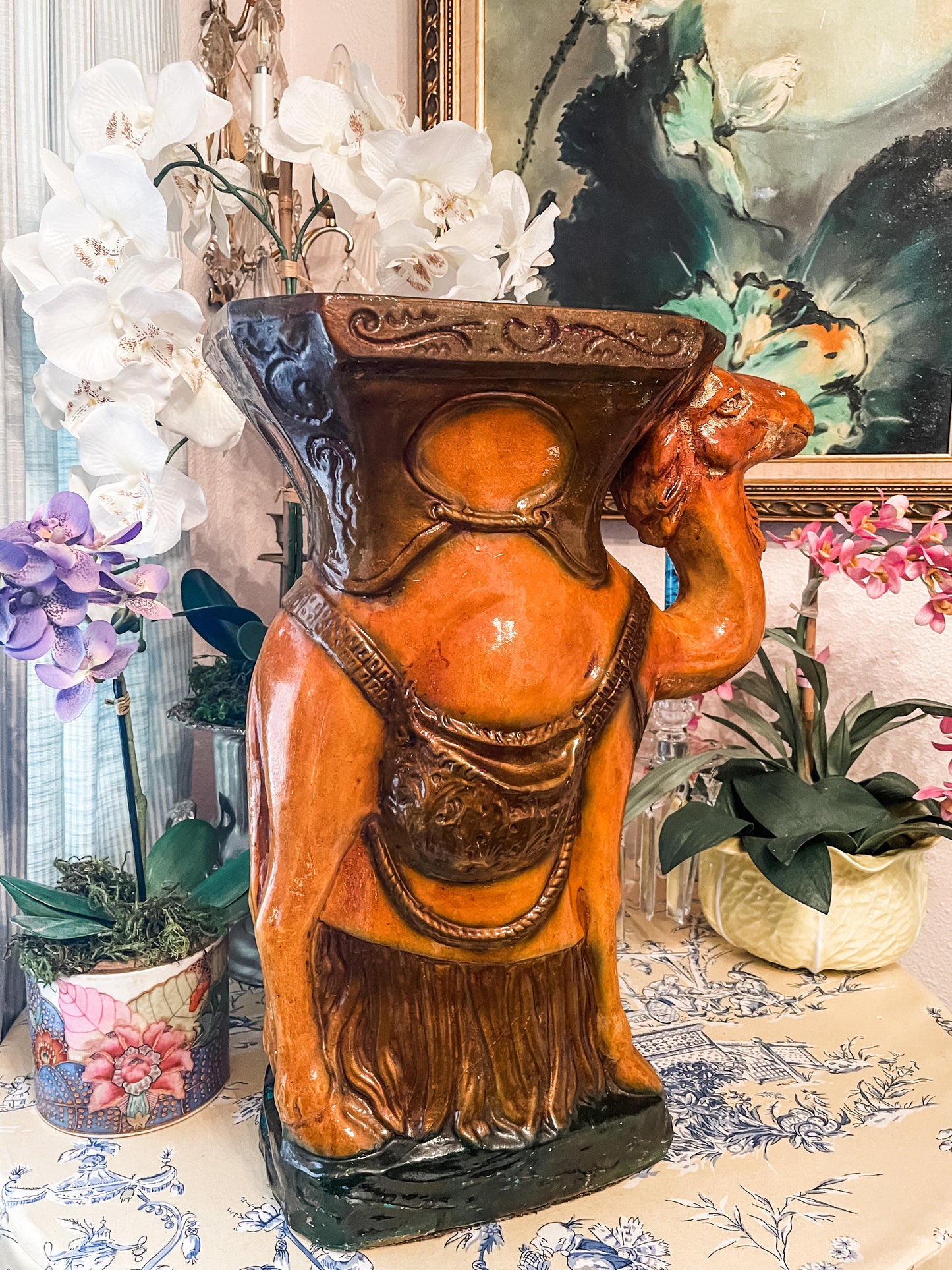 Vintage Majolica Camel Garden Stool, Plant Stand, Majolica Camel Side Table, Majolica Garden Stool