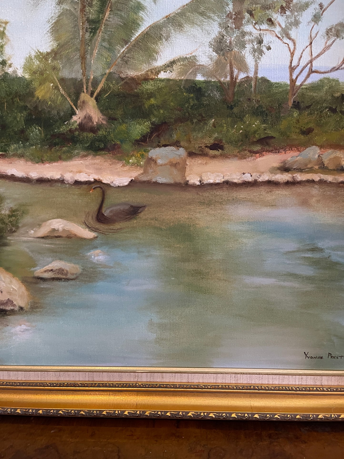 Black Swan Painting Set in Maui, Original Painting, Signed and Framed