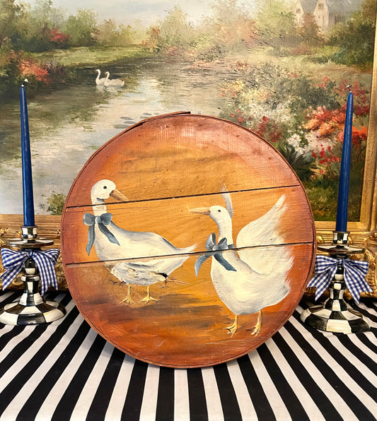 Vintage Hand Painted Cheese Box, Geese in Blue Bows