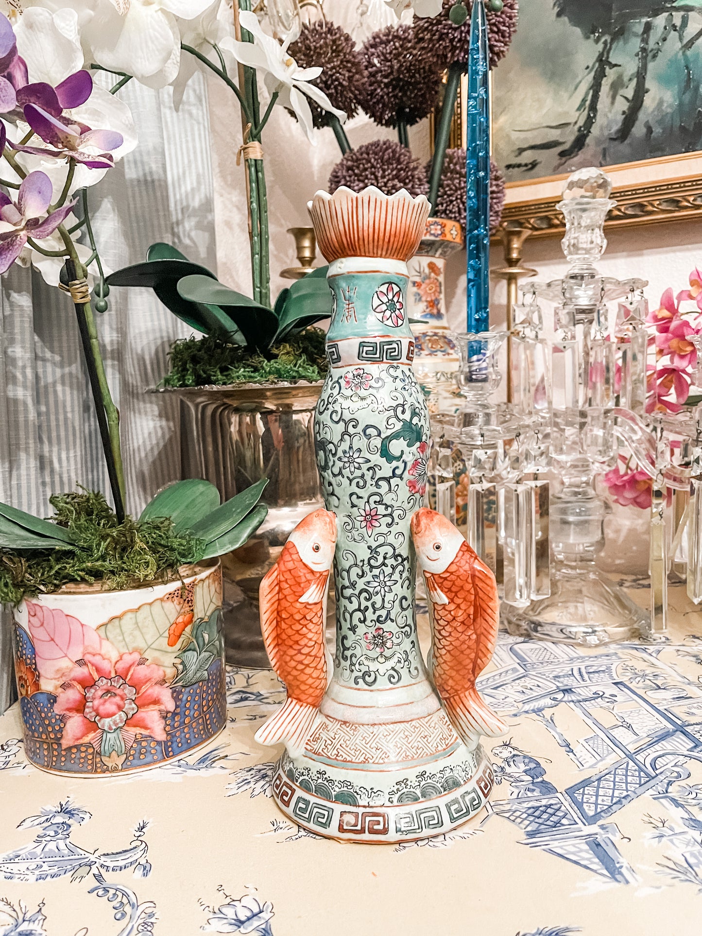 Vintage Chinoiserie Koi Candlestick, Hand Painted Greek Key Detail, Chinoiserie Bookshelf Decor