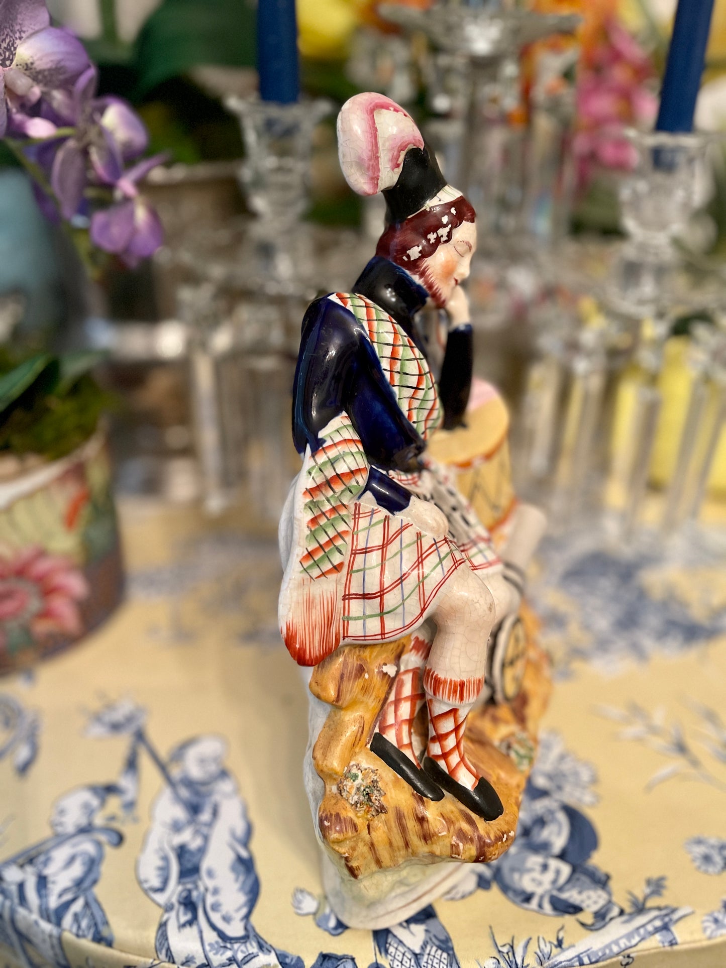 Sleeping Scotsman Staffordshire Statuette, Hand Painted, Vibrant Colors, Military Shelf Decor