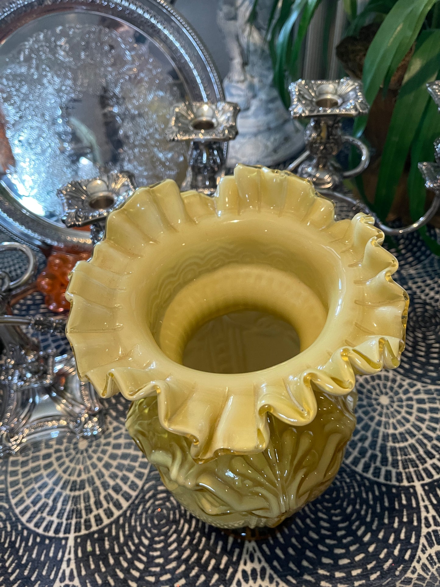 Vintage Art Deco Vase with Cased Ruffle Hand Blown Glass Vase, Mid 20th Century Victorian Vase in Butterscotch, Fantastic Detail