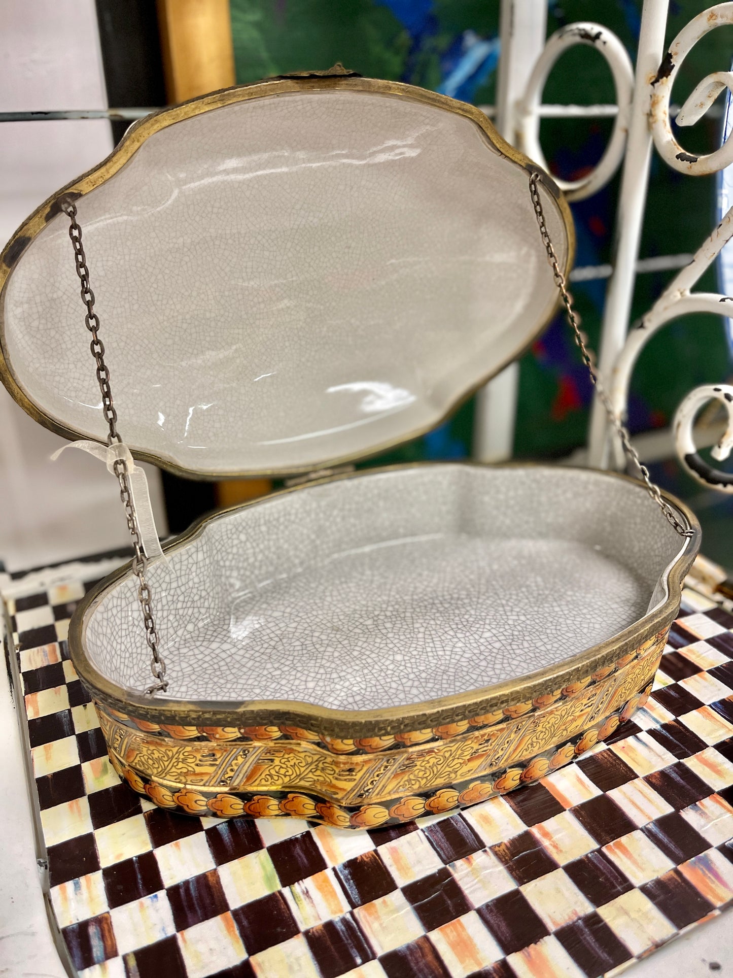 Large Vintage Tiger Print and Ormolu Porcelain Lidded Box