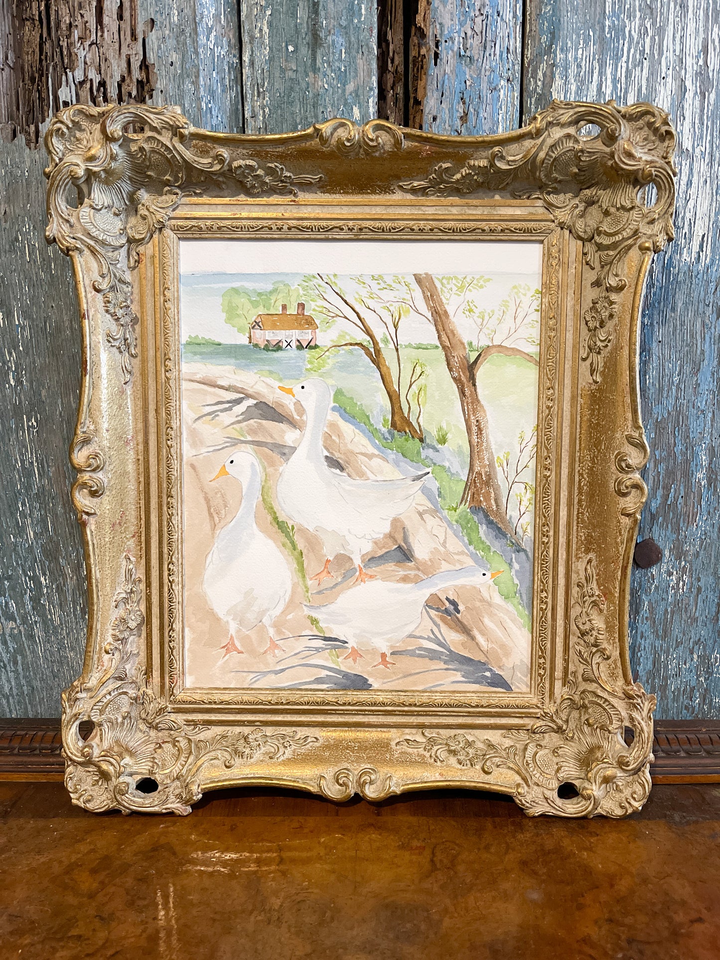 Original Watercolor- White Geese on a Country Lane with a French Chateau or English Manor