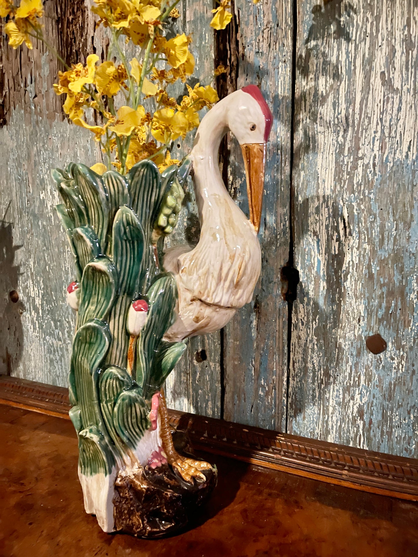 Large Majolica Style Heron Vase