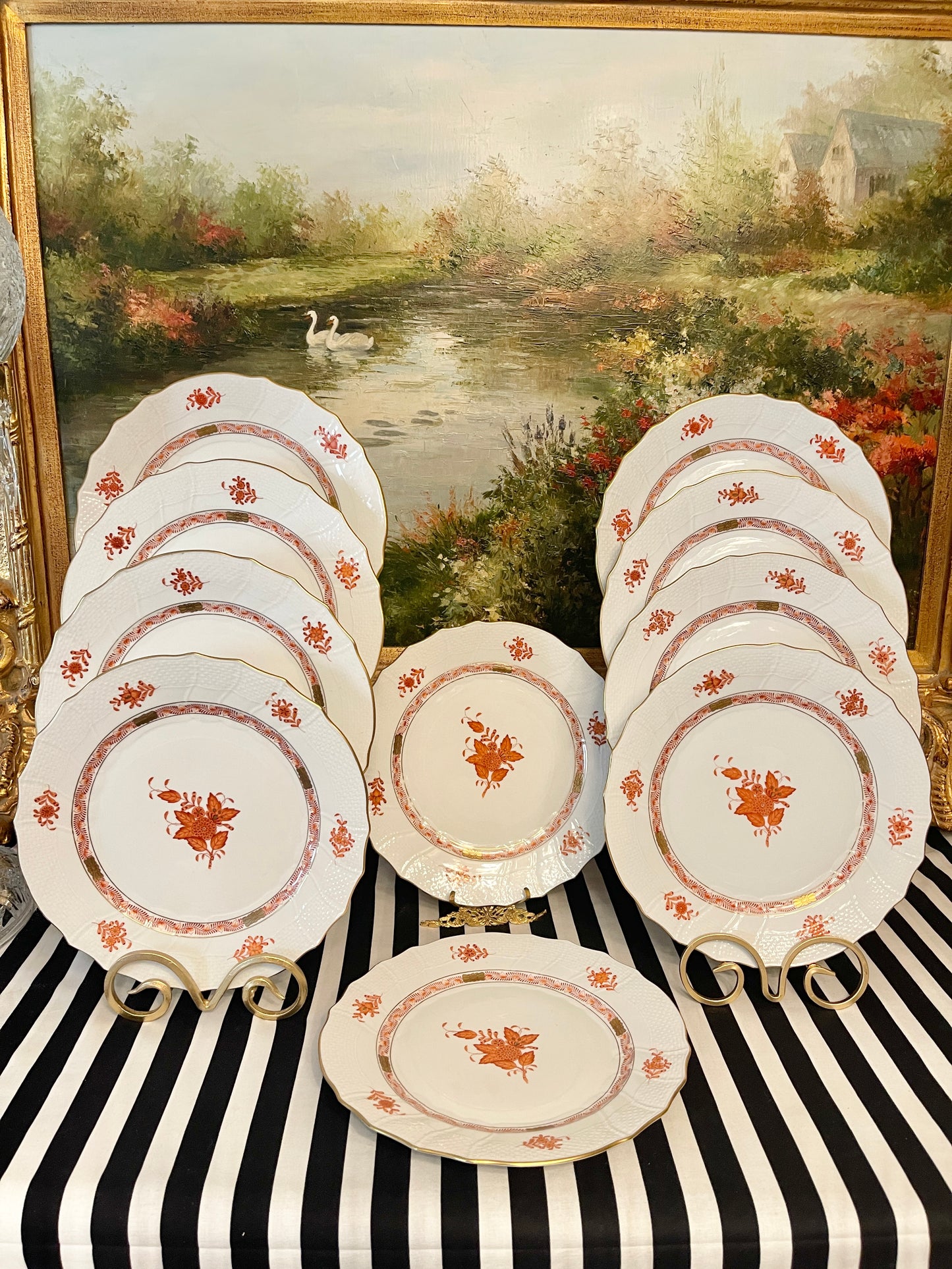 Herend Rust Chinese Bouquet 10.25" Dinner Plates, Sold in Pairs