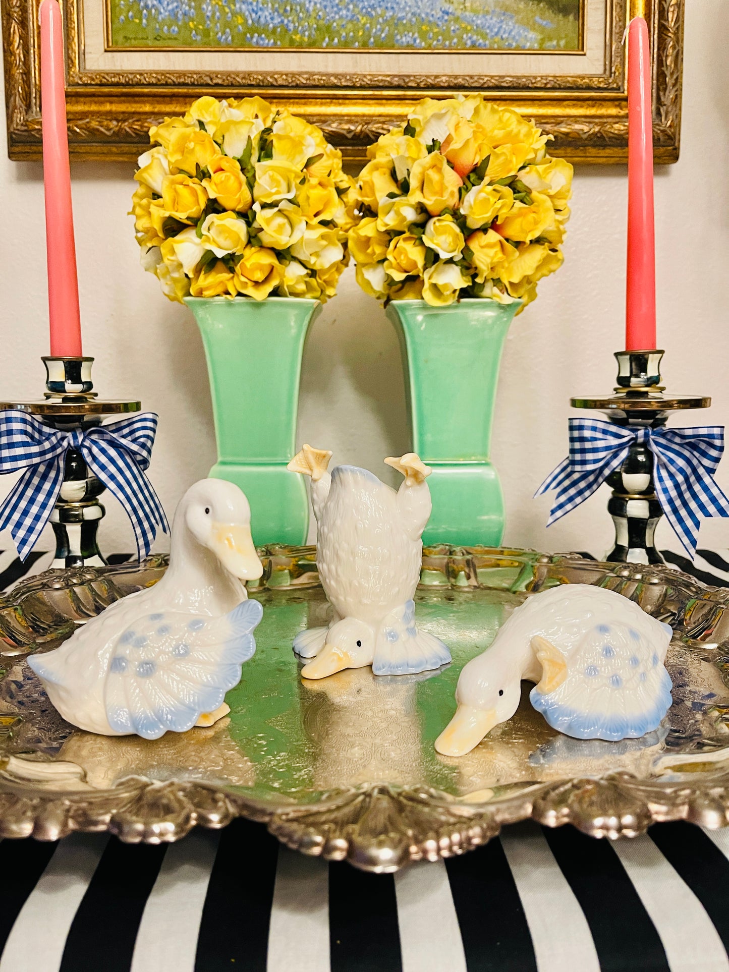 Set of Three Blue and White Ducks