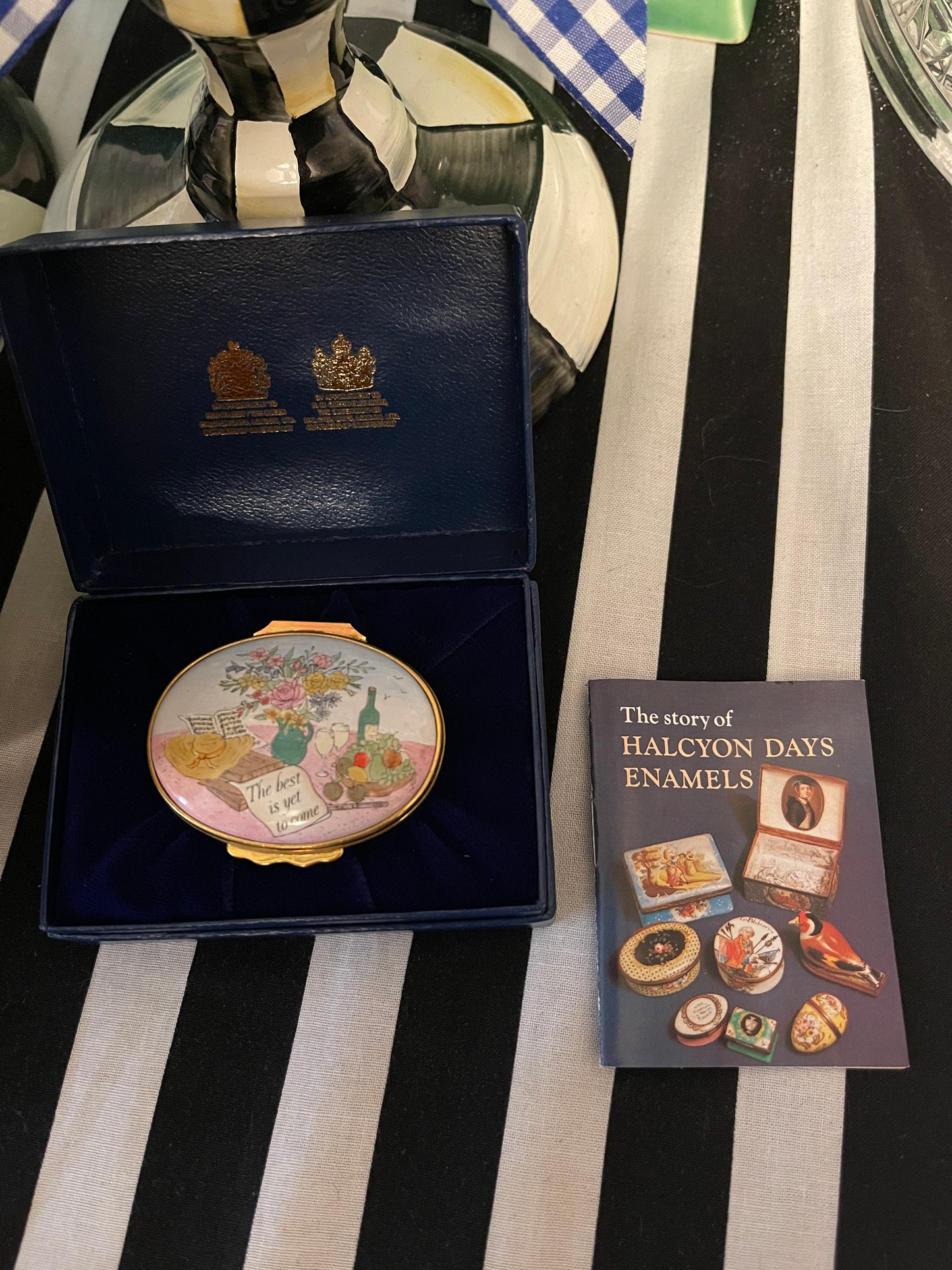 Halcyon Days ‘The Best is Yet to Come’ Enameled Box with Flowers and Wine, made in England, Original Box