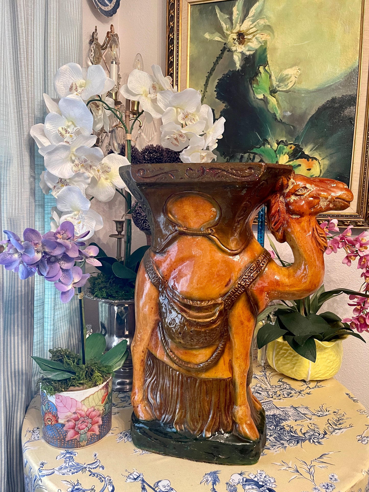Vintage Majolica Camel Garden Stool, Plant Stand, Majolica Camel Side Table, Majolica Garden Stool