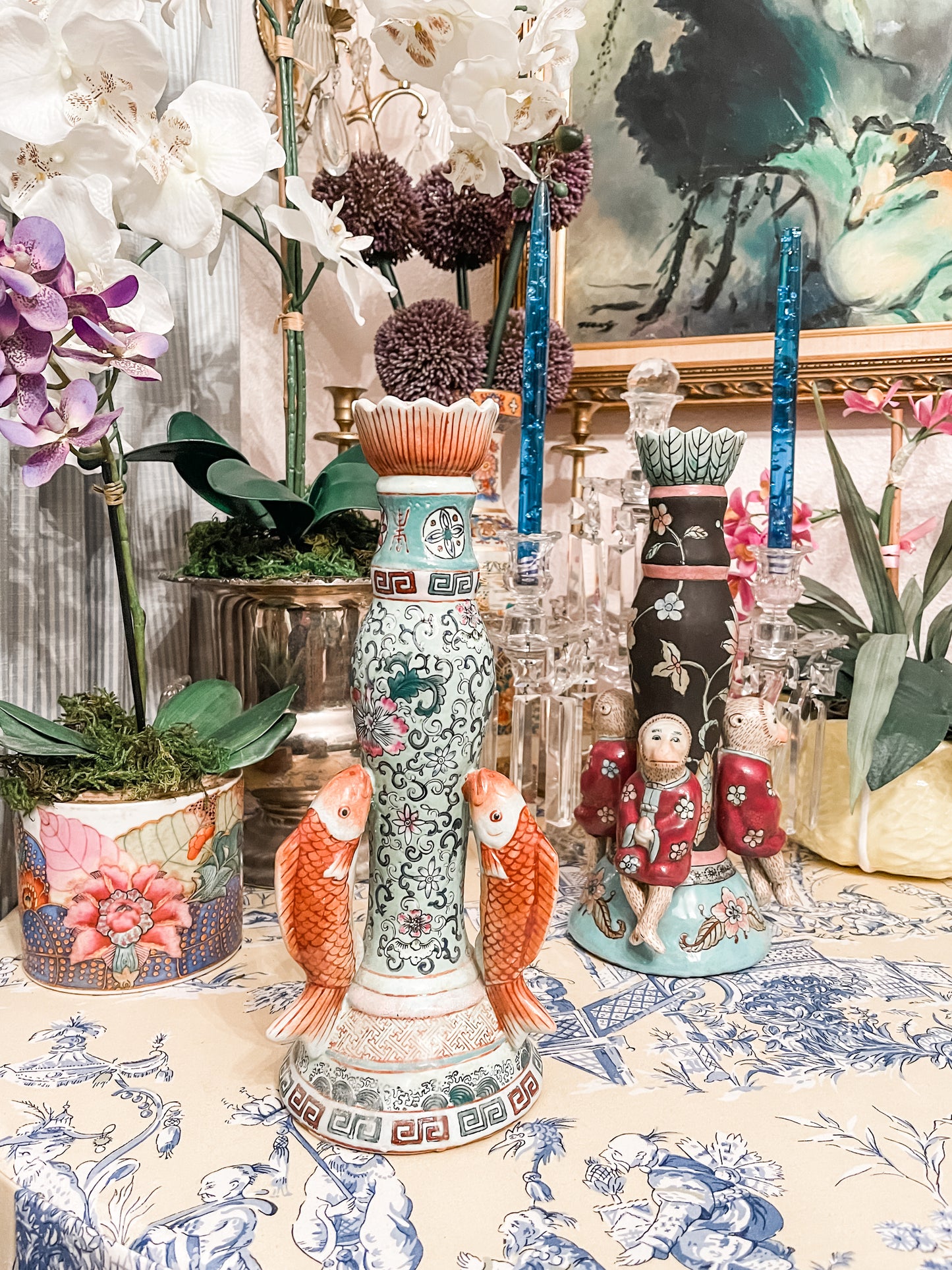 Vintage Chinoiserie Koi Candlestick, Hand Painted Greek Key Detail, Chinoiserie Bookshelf Decor