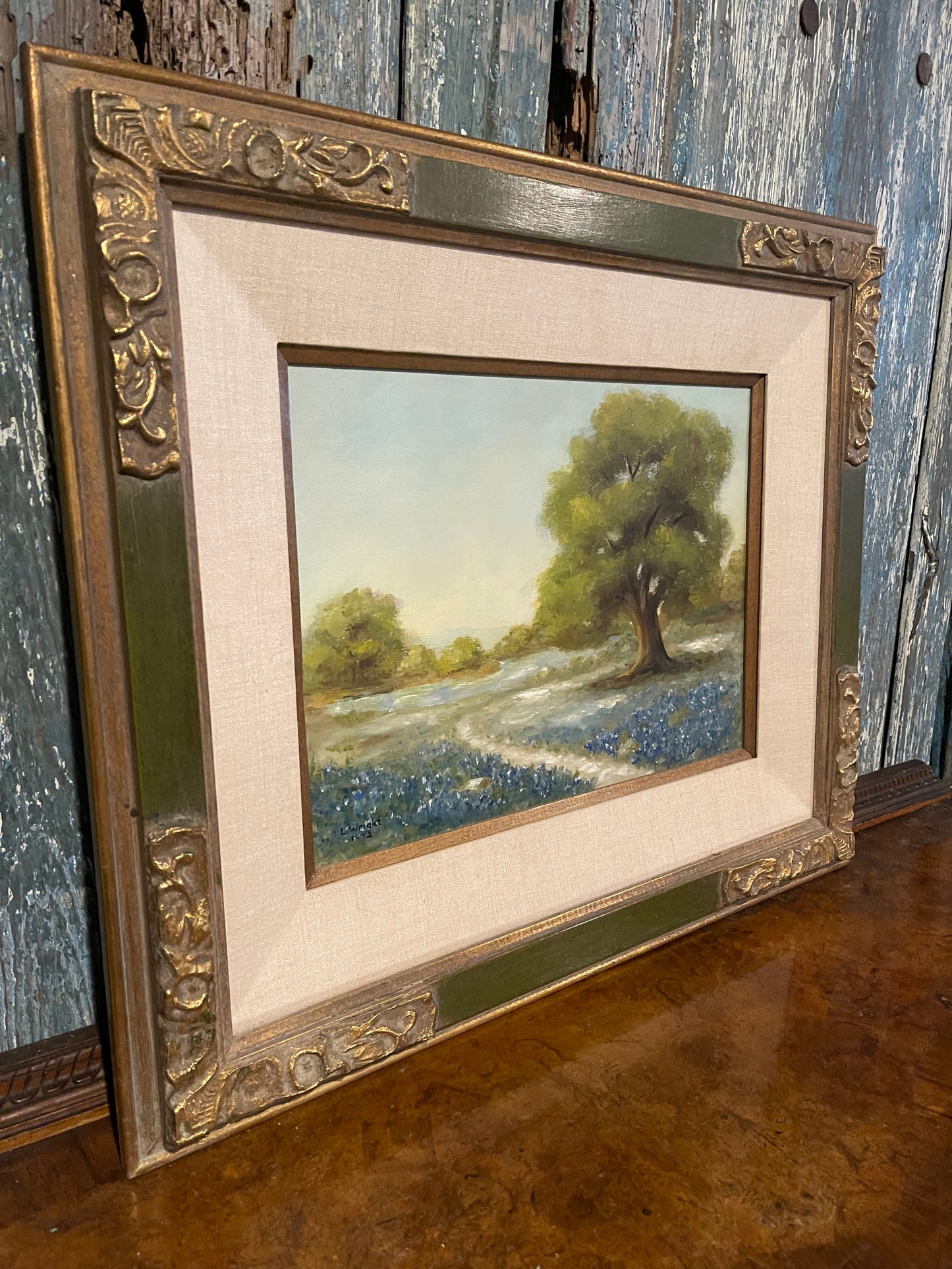 Original Texas Bluebonnet Painting by L. Wright, Vintage Texas Art, Vintage Oil Painting
