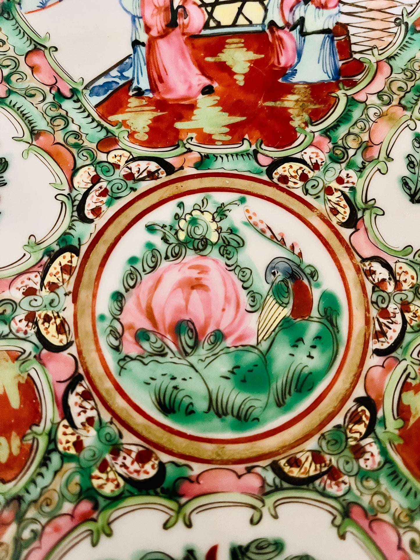 Large Vintage Oval Rose Medallion Platter, Hand Painted, Decorated in Hong Kong,