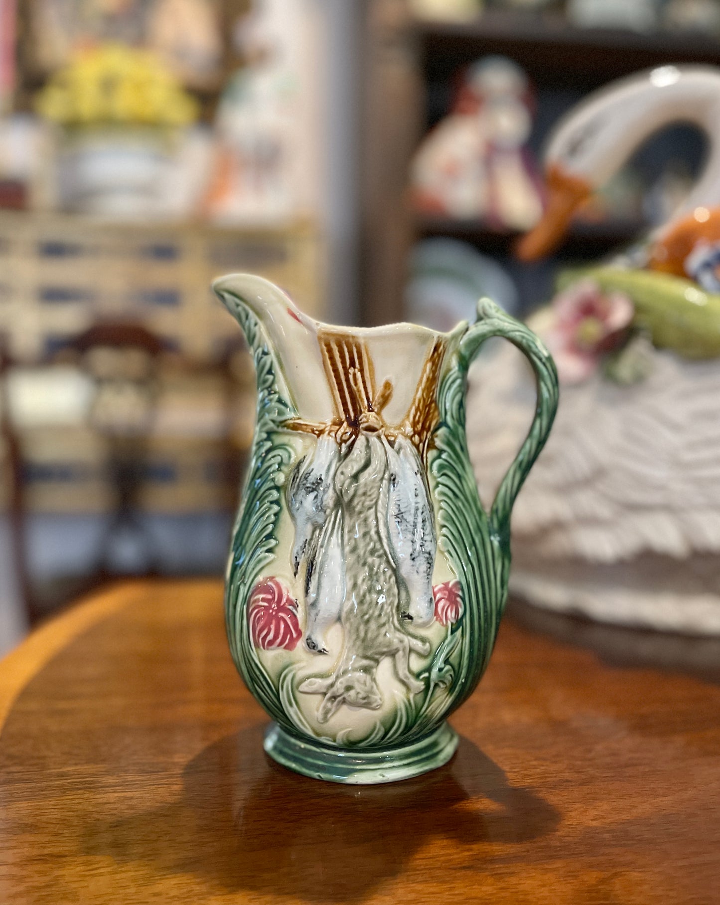 Antique Majolica Hunt Pitcher with a Fox, Rabbit and Birds, Hand Painted