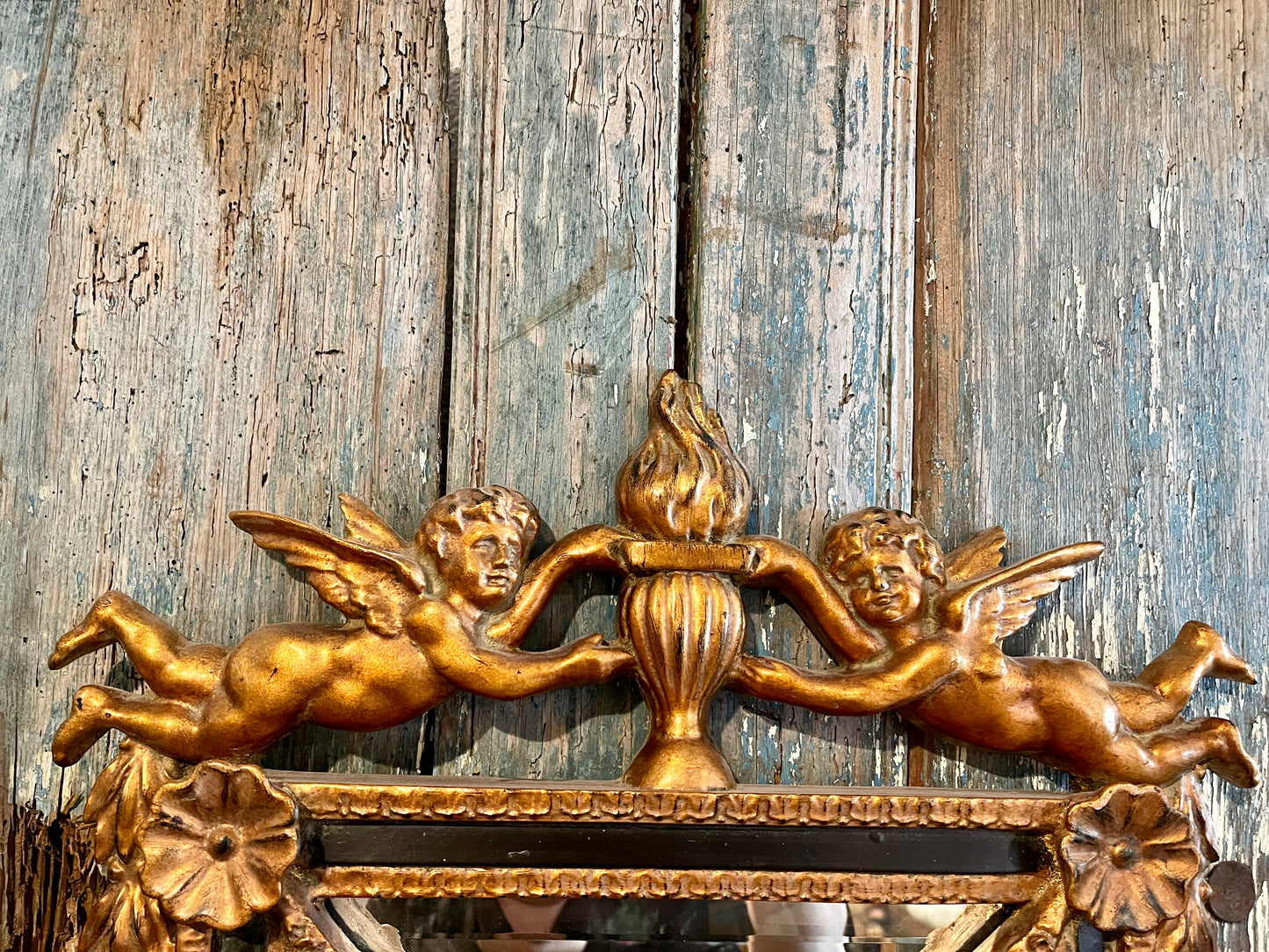 Carved Gilt Wood Cherub and Acanthus Beveled Mirror