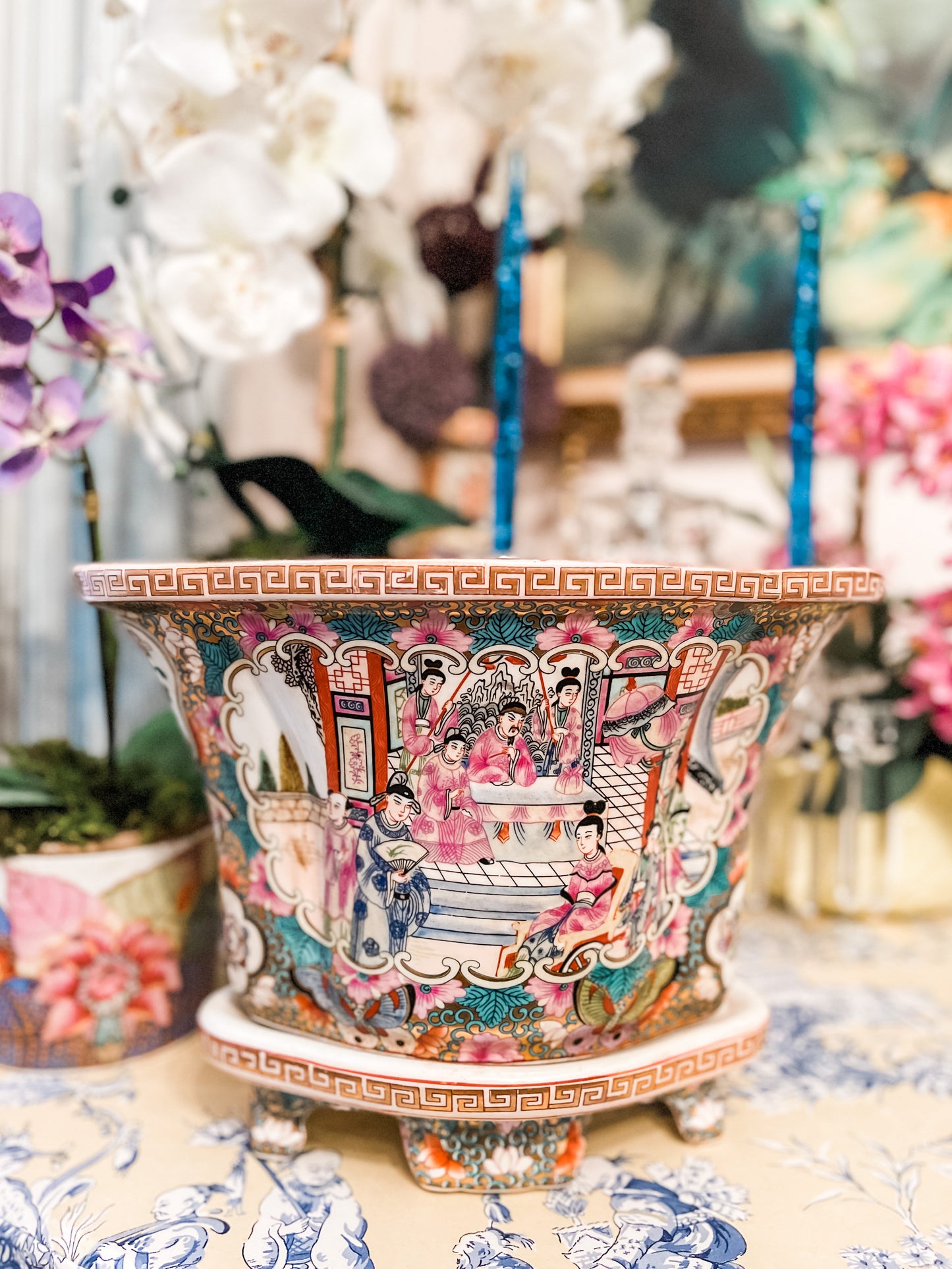 Vintage Rose Medallion Jardinerie with Greek Key Detail