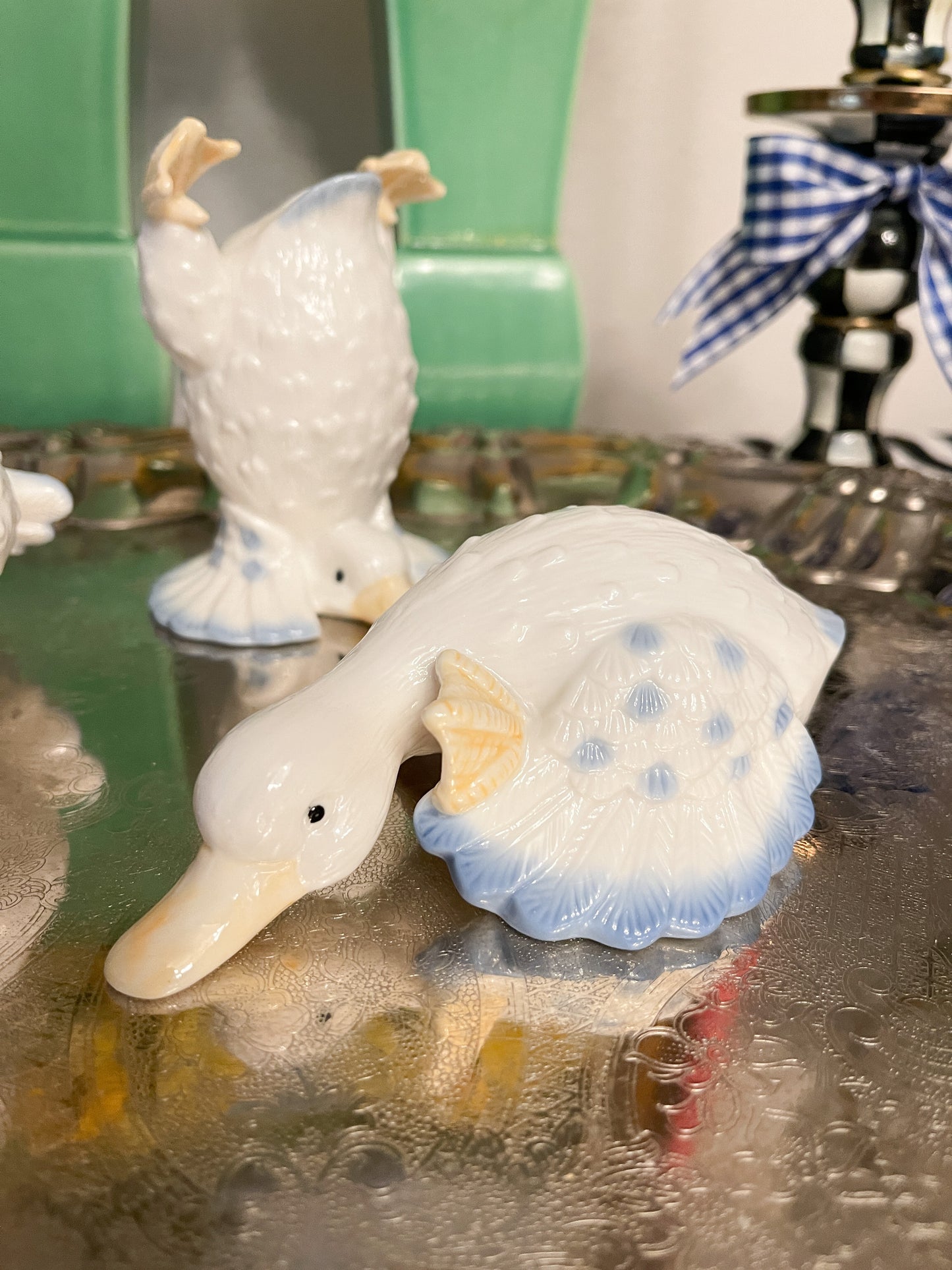 Set of Three Blue and White Ducks