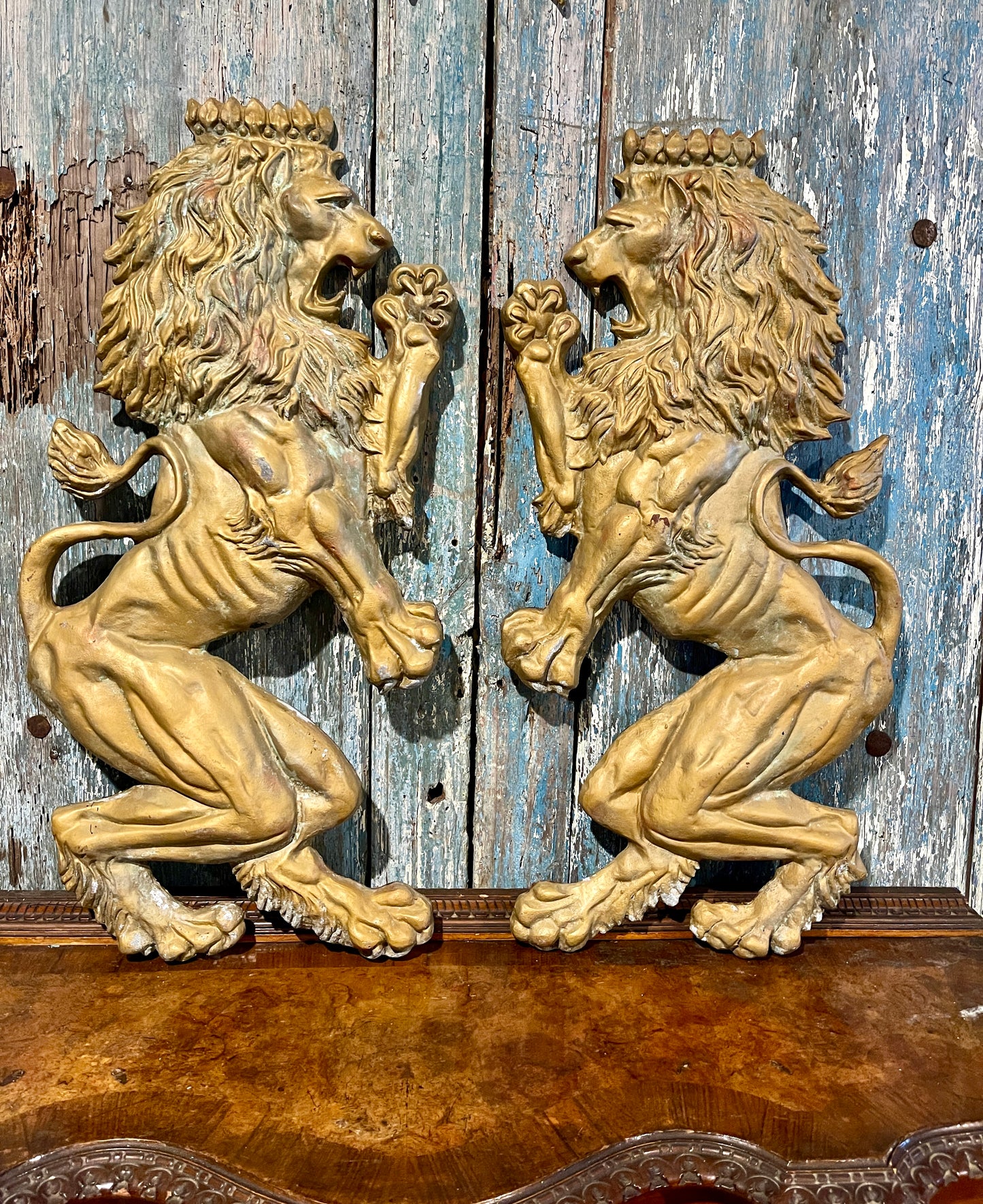 Vintage Gilded Tole Rampant Lion Wall Plaques