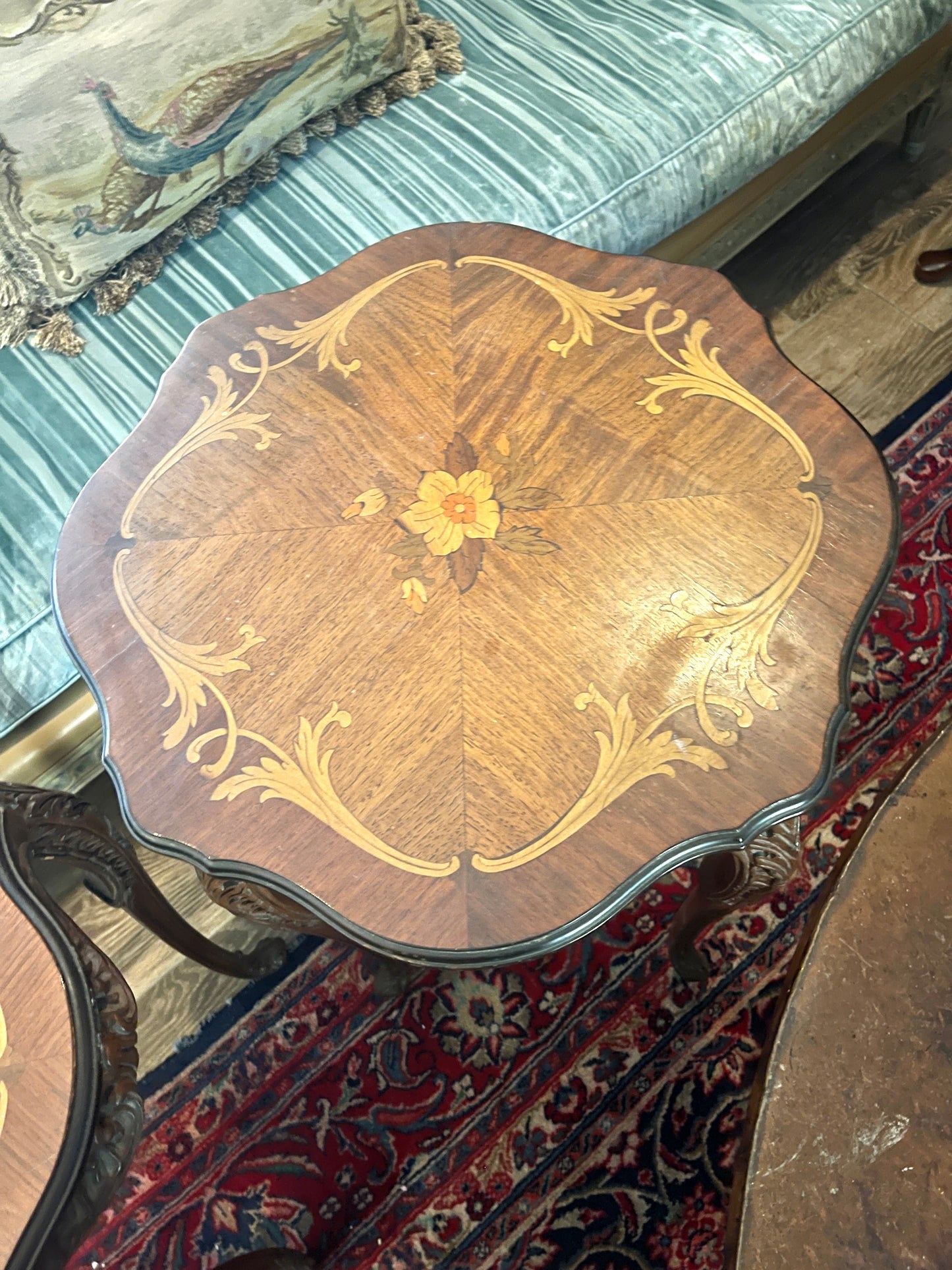 Vintage Italian Burl Wood Inlay Side Tables with Cabriole Legs, Pair
