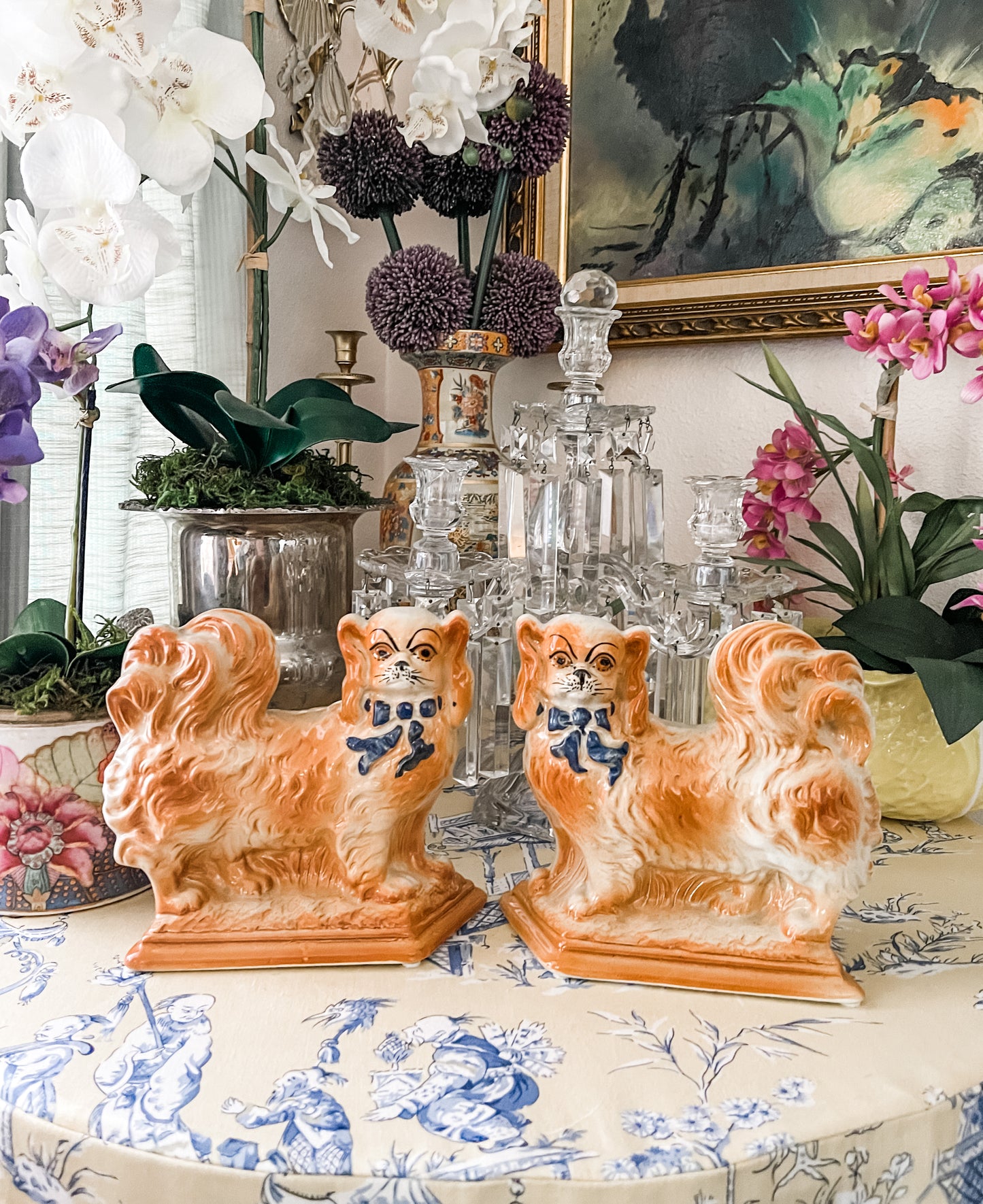 Antique Staffordshire Mantle Dogs, Pair of Pekingese with Blue Bows, Late 19th Century