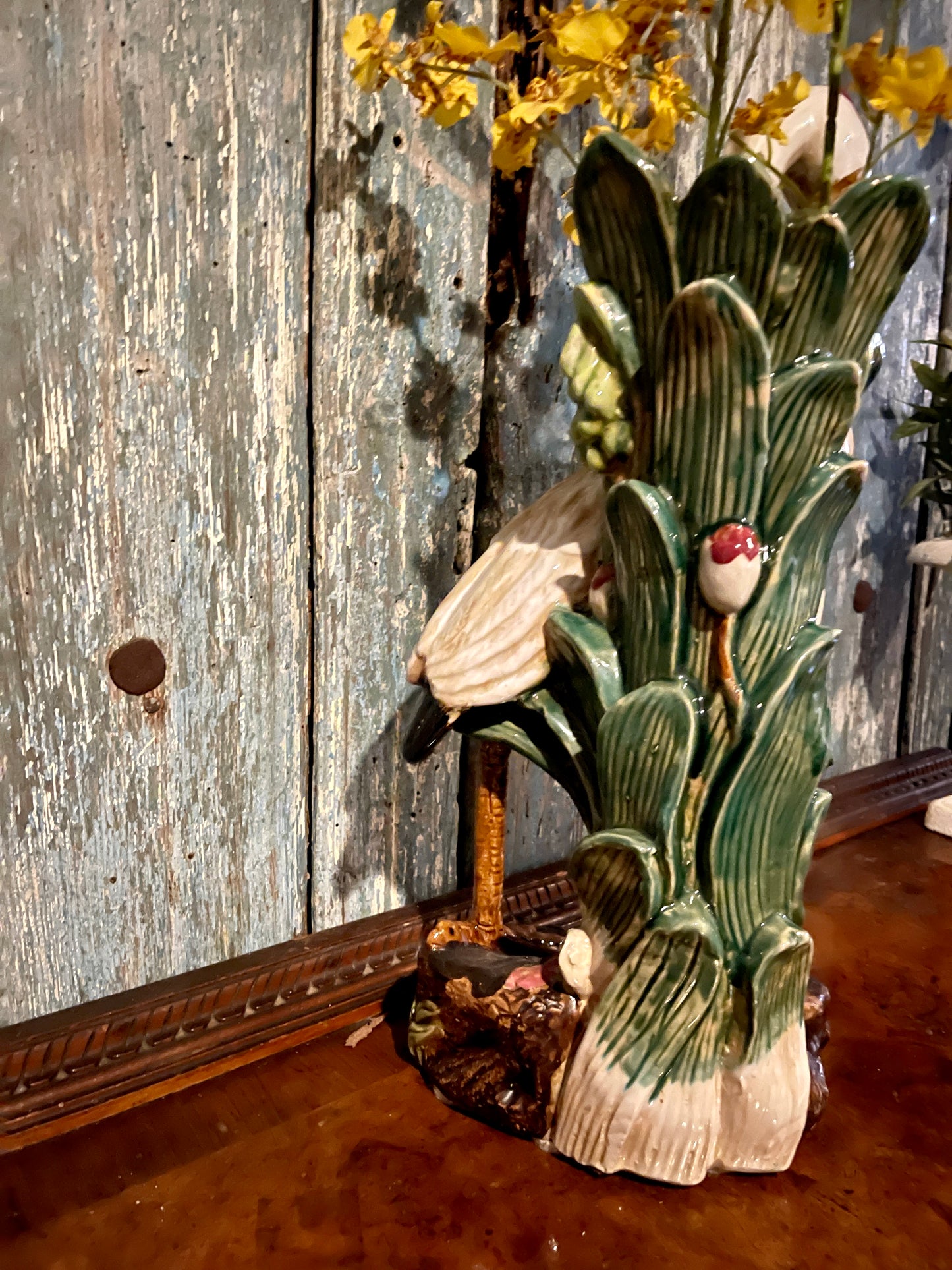 Large Majolica Style Heron Vase