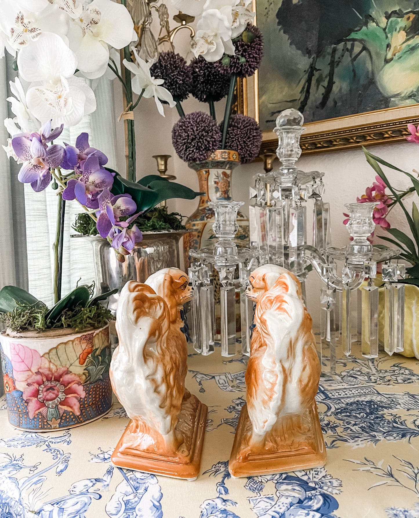 Antique Staffordshire Mantle Dogs, Pair of Pekingese with Blue Bows, Late 19th Century
