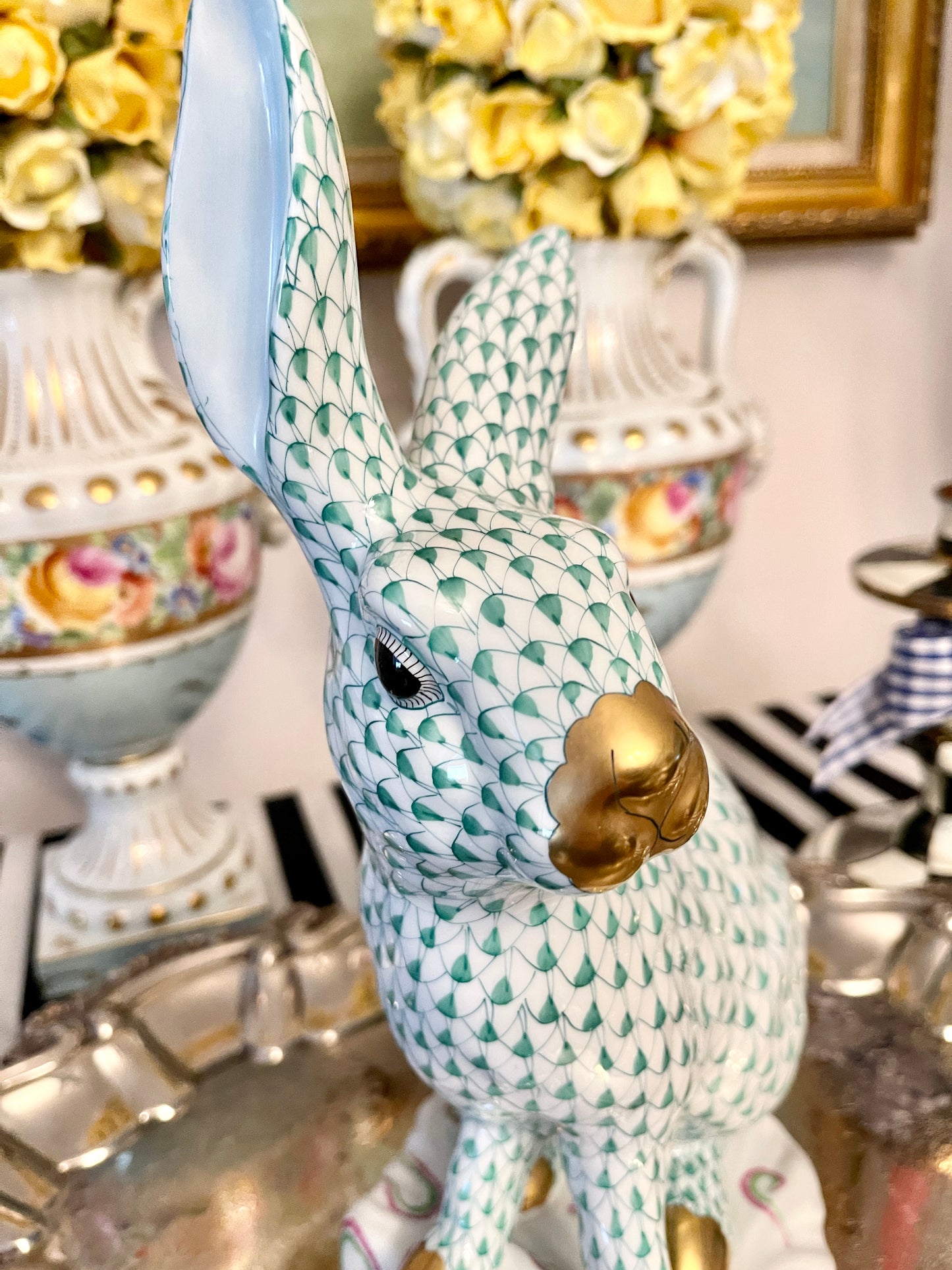 LARGE 11.75” Herend Rabbit, Hand Painted Porcelain with 22kt Gold Detail