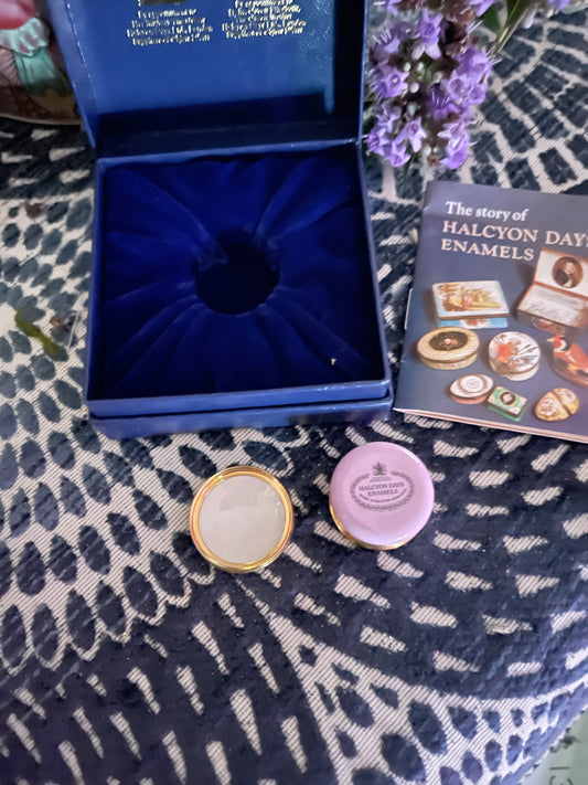 Halcyon Days MINI Enamel Box with Pink Flowers and Leafy Green Foliage, Made in England, Original Box