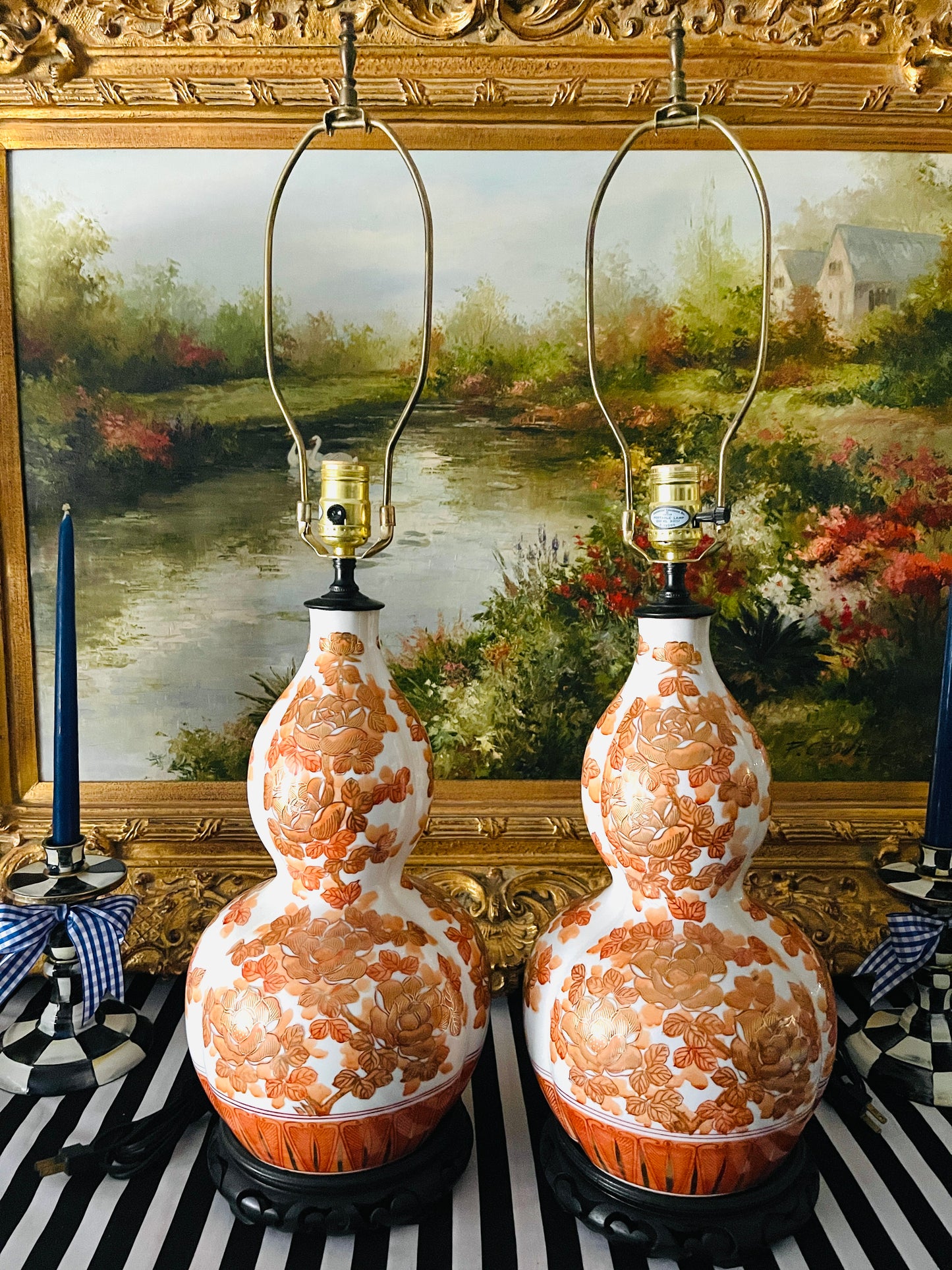 Vintage Orange and White Chinoiserie Lamps with Gilt Detail