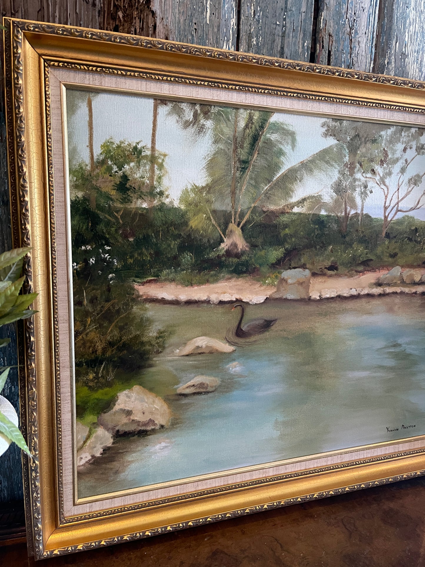 Black Swan Painting Set in Maui, Original Painting, Signed and Framed