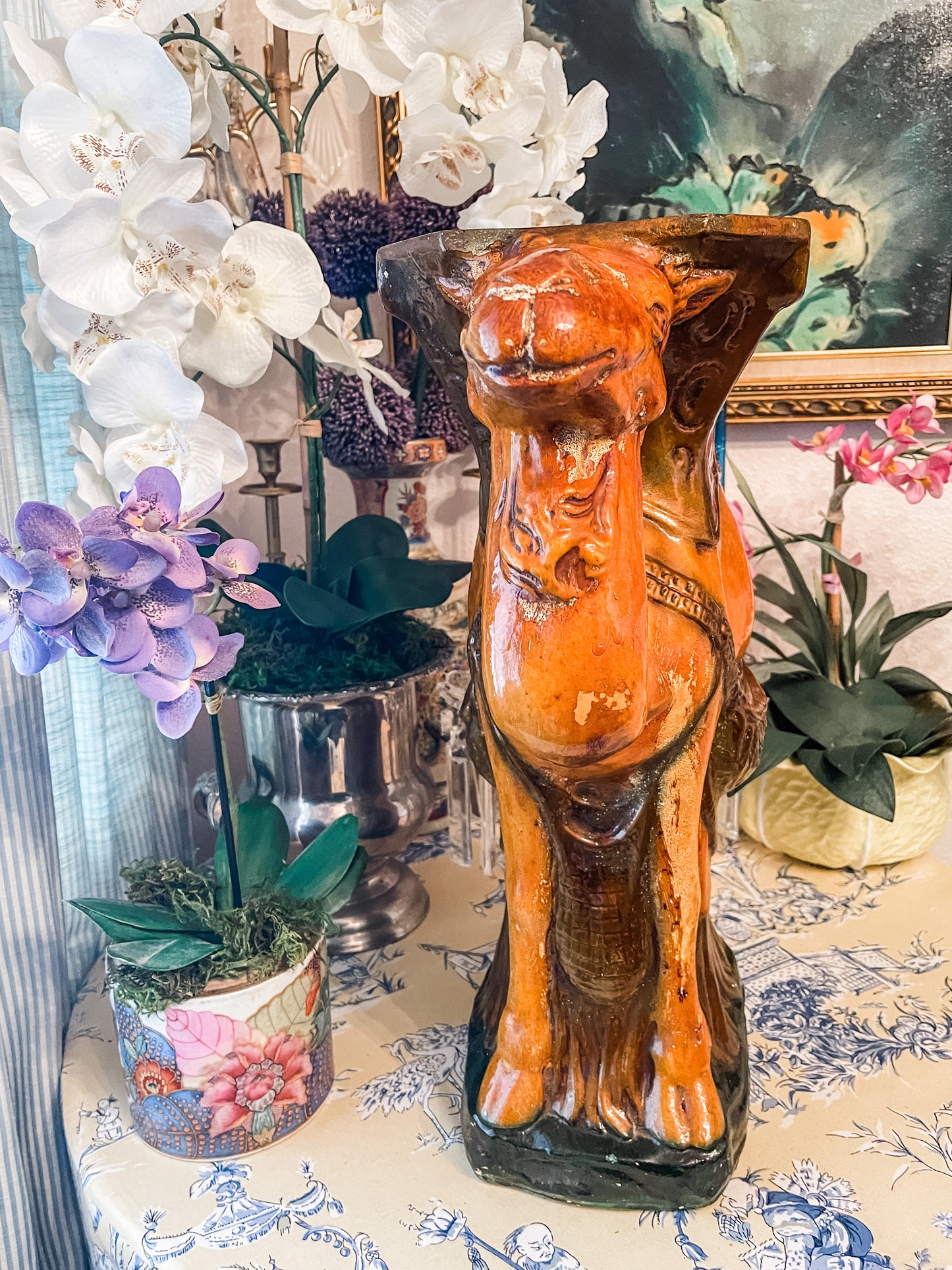Vintage Majolica Camel Garden Stool, Plant Stand, Majolica Camel Side Table, Majolica Garden Stool