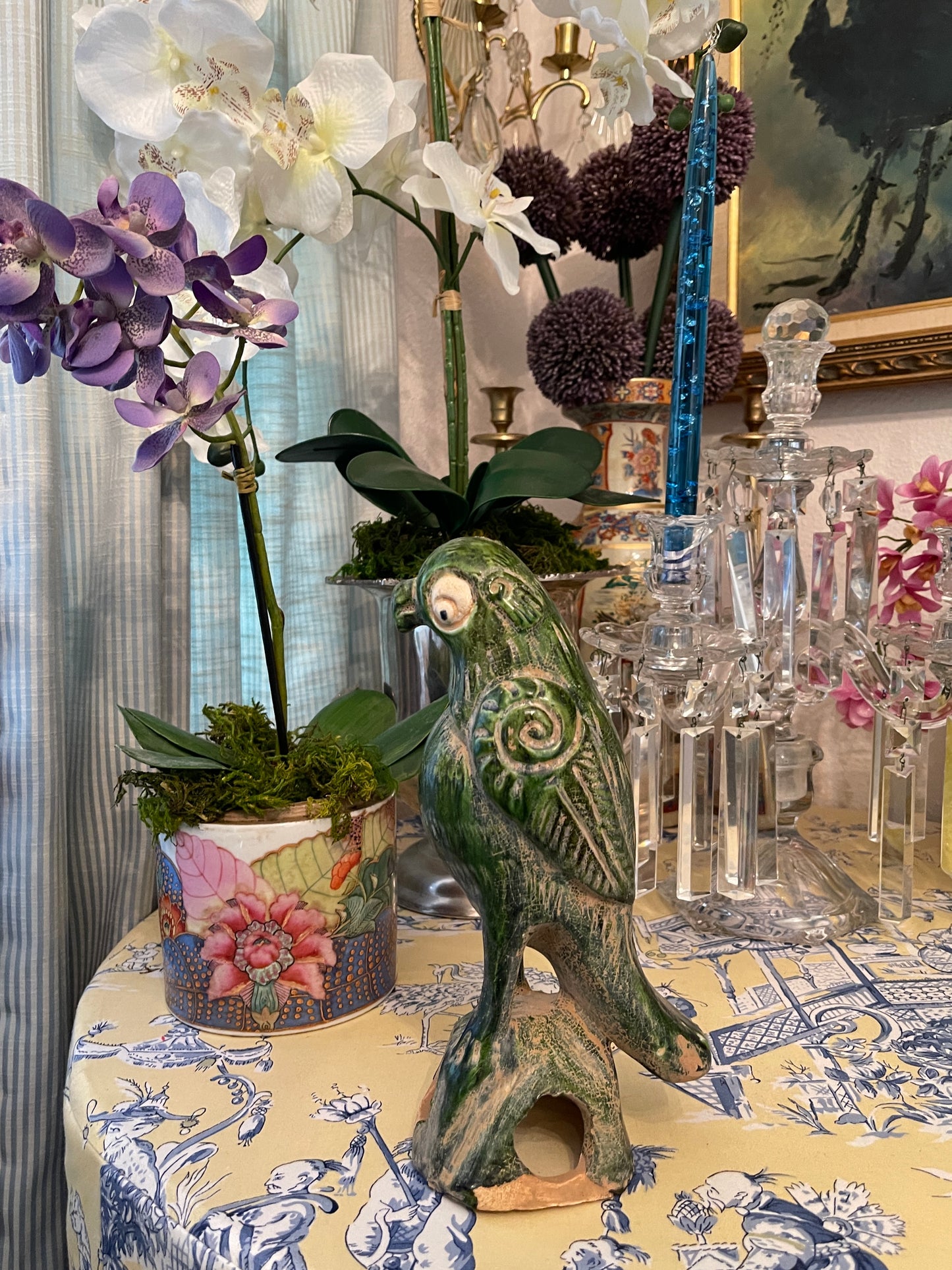 Vintage Chinese Green Glazed Parrot, Incense Burner.
