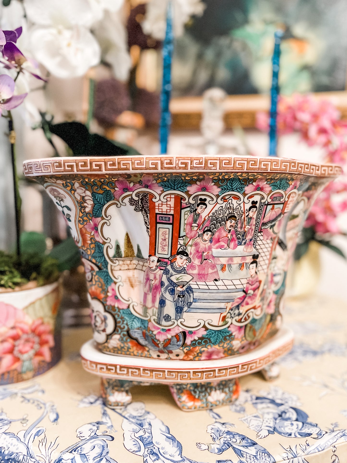 Vintage Rose Medallion Jardinerie with Greek Key Detail