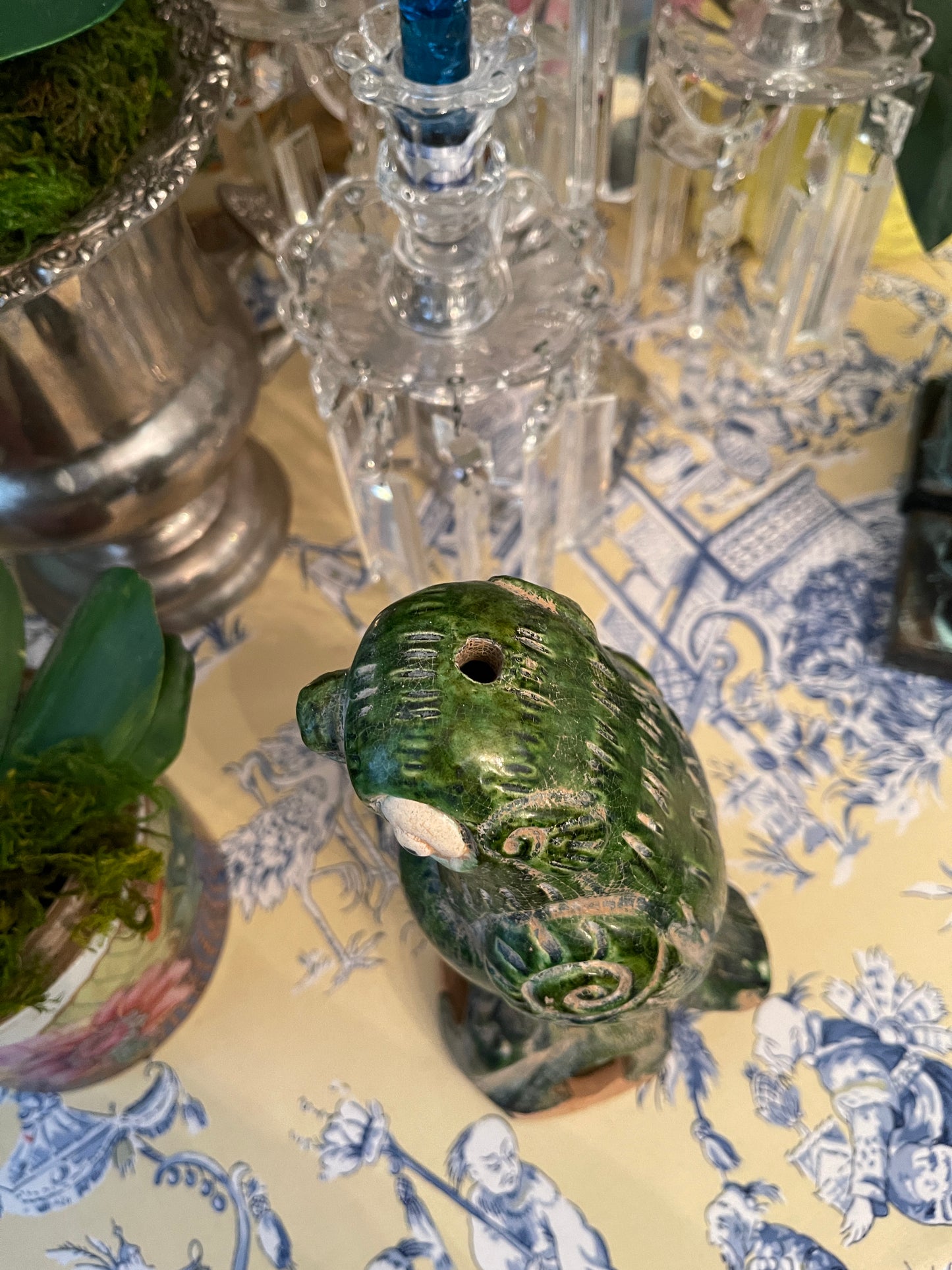 Vintage Chinese Green Glazed Parrot, Incense Burner.