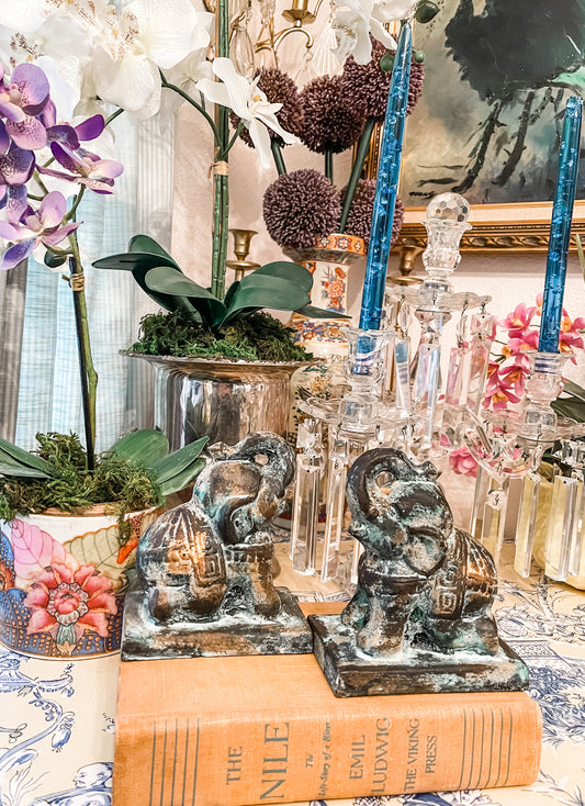 Vintage Elephant Bookends, Cast Metal, Made in Japan