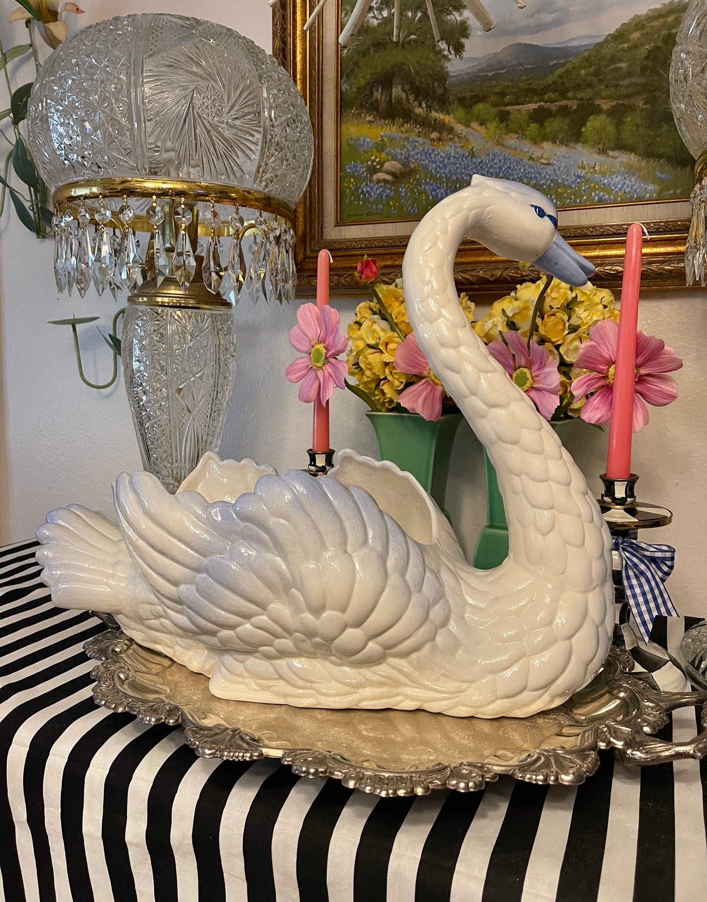 Large Blue and White Swan Planter, Vintage Hand Painted Ceramic Swan