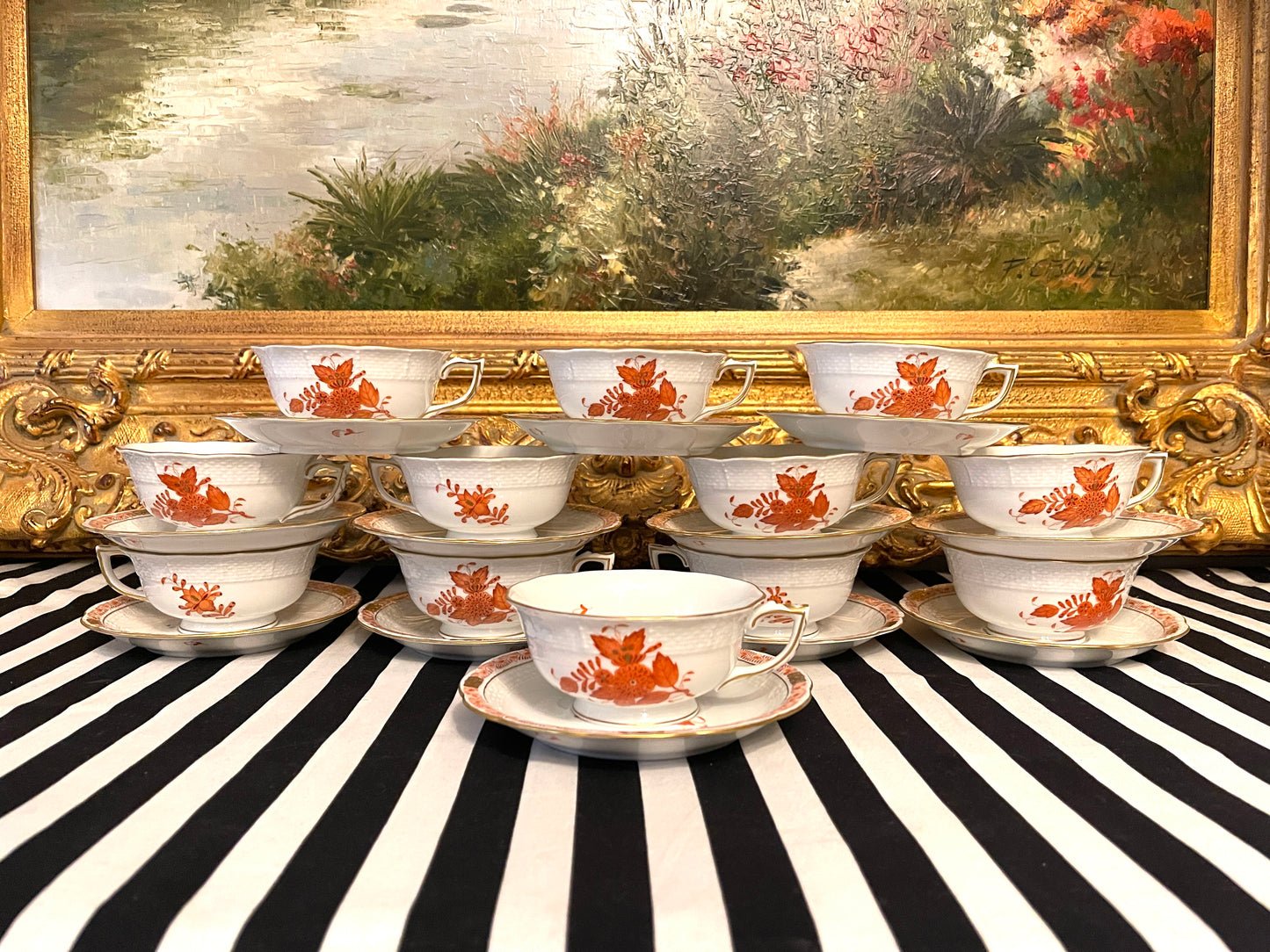 Herend Chinese Bouquet Footed Cup and Saucer, Selling as a Four (4) Piece Set- 2 Cups, 2 Saucers