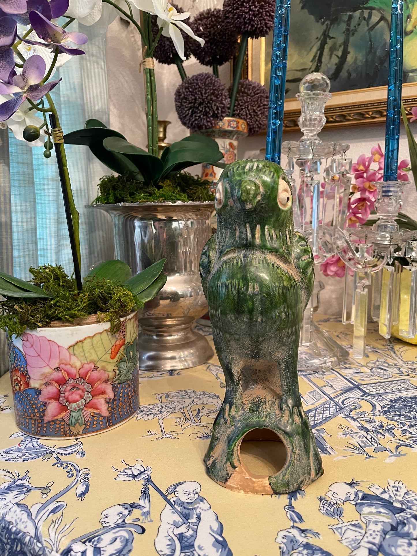 Vintage Chinese Green Glazed Parrot, Incense Burner.