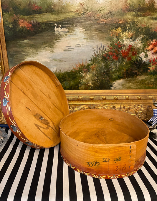 Vintage Hand Painted Cheese Box, Geese in Blue Bows