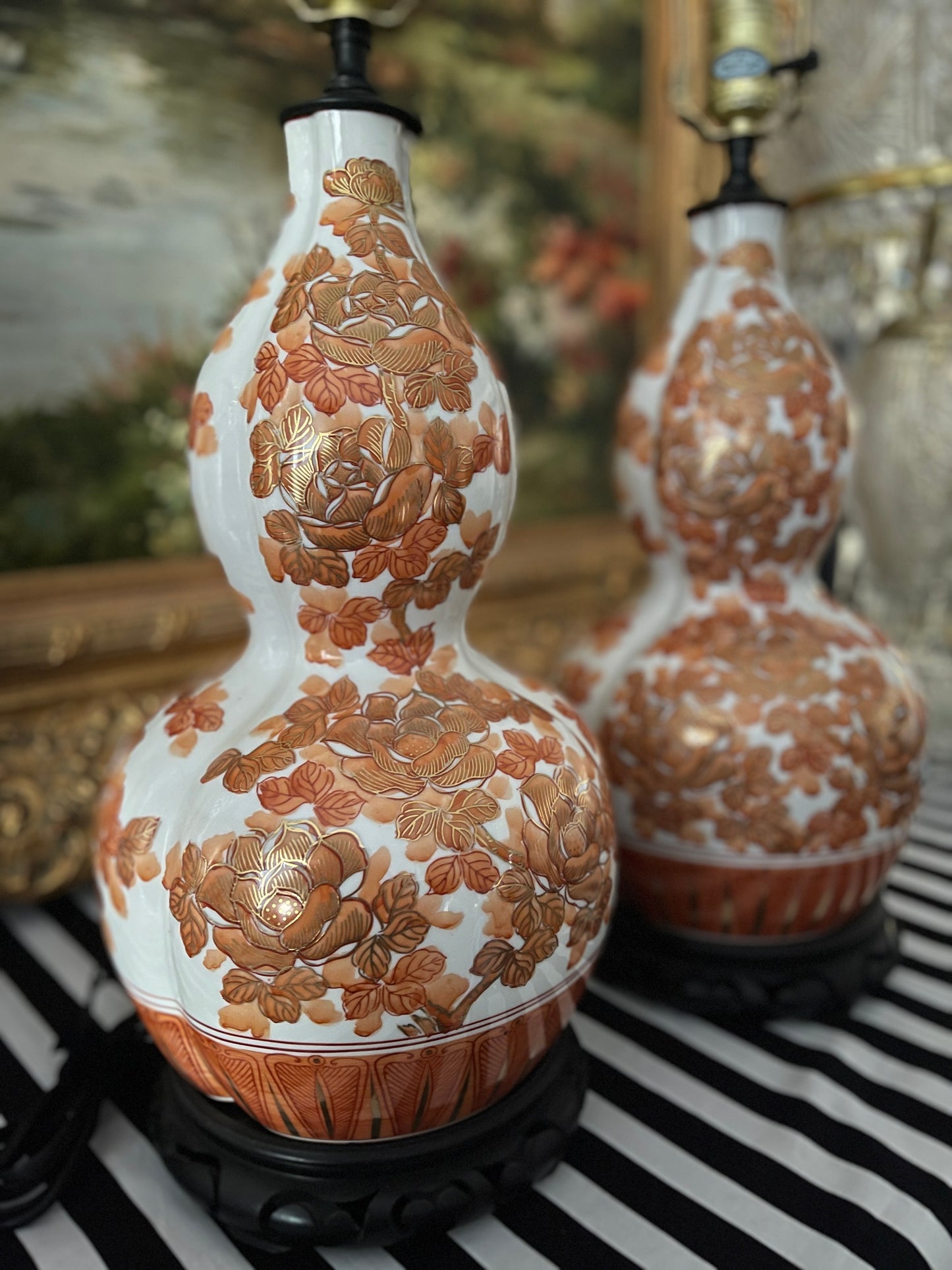 Vintage Orange and White Chinoiserie Lamps with Gilt Detail