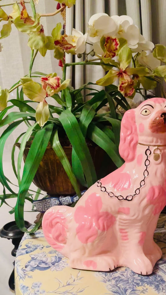 Whimsical Pink Papier-Mâché Staffordshire Dog Figurines – 13” Tall Pair