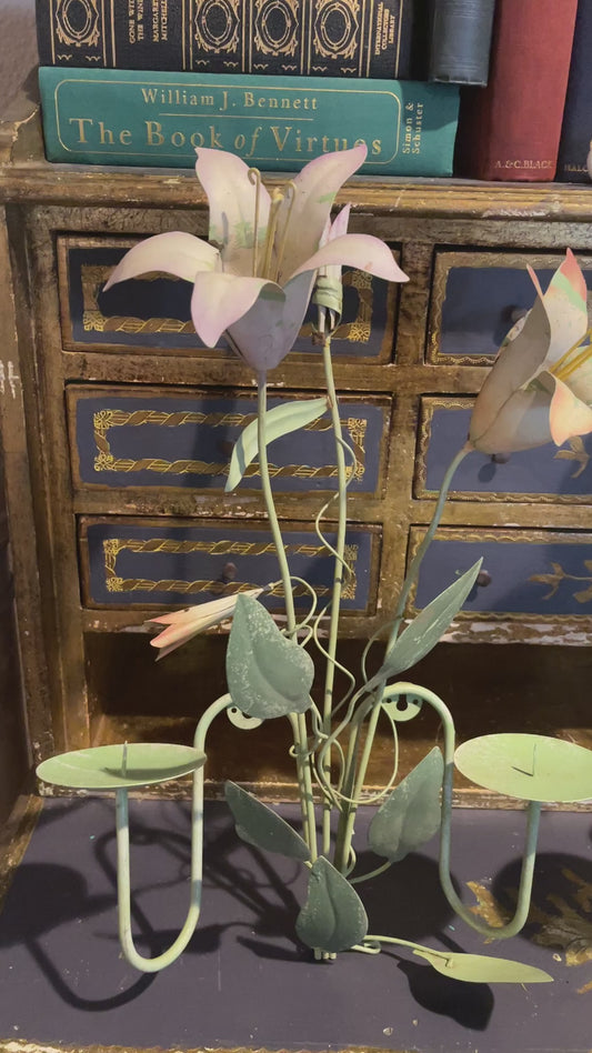 Vintage Tole Pink and Green Lily Candle Sconces, Pair, Chippy Paint, Cottage Chic