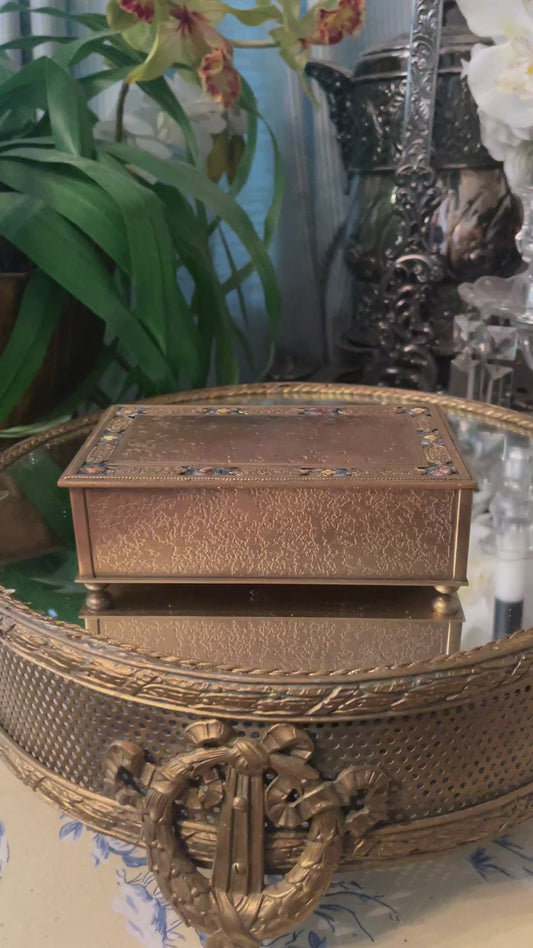 Antique Louis C Tiffany Furnaces Gold Dore’ Bronze Casket with Glass Inlay and Original Insert, Fantastic Estate Decor