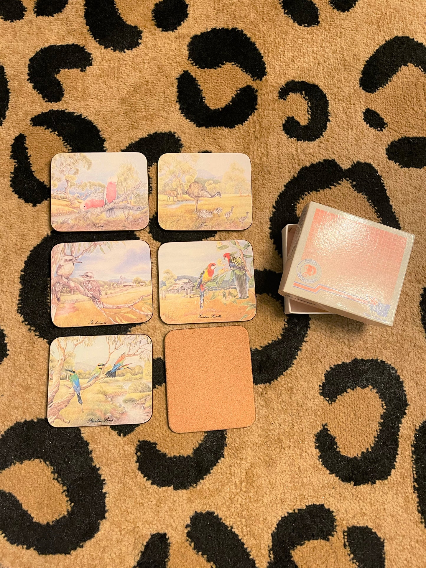 Vintage Set of Australian Bird Coasters in Box, Beautiful Condition, Set of Six, Dynasty