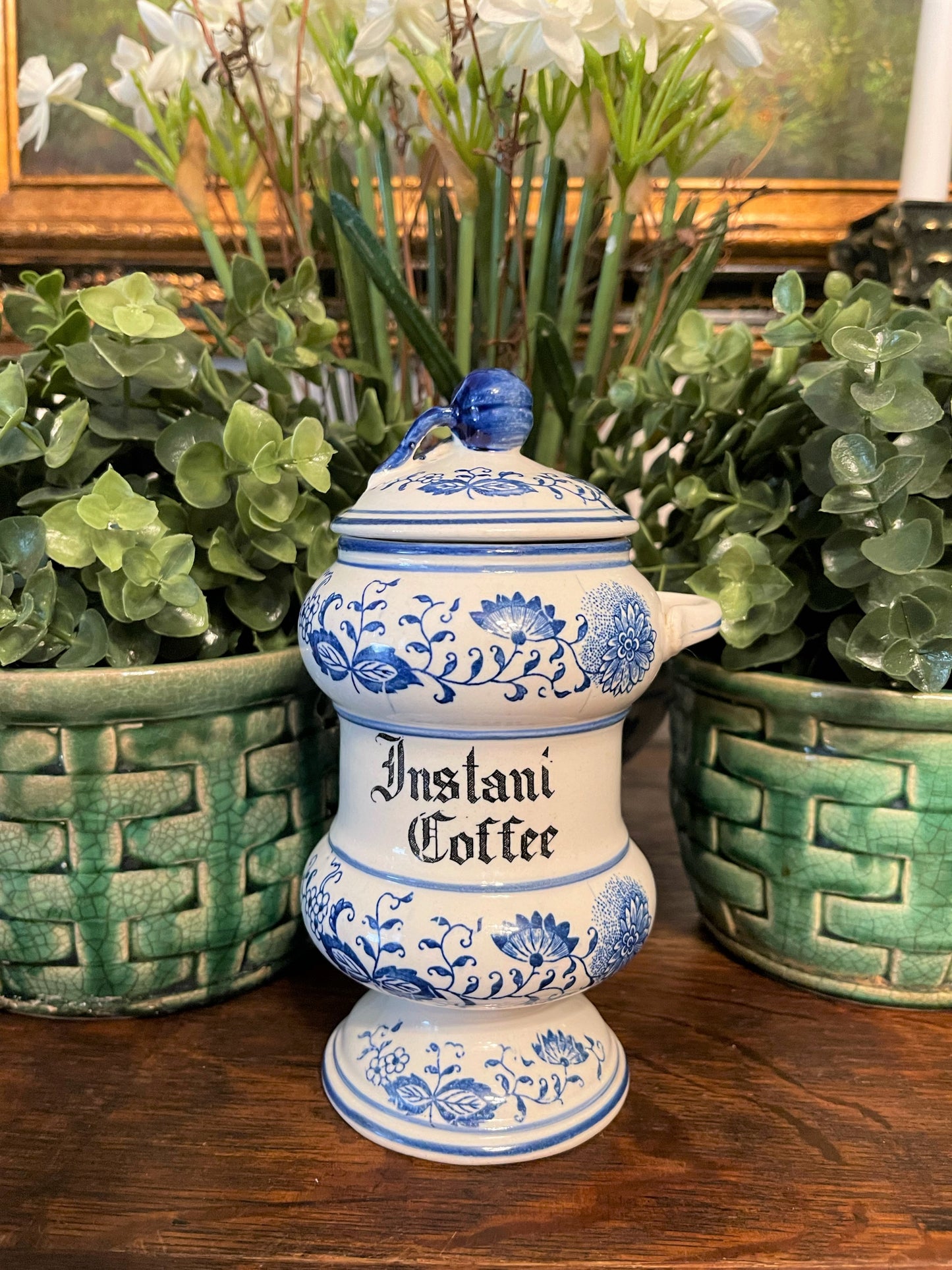Vintage Blue Onion Instant Coffee Canister with Lid, Hand Painted Porcelain, Japan