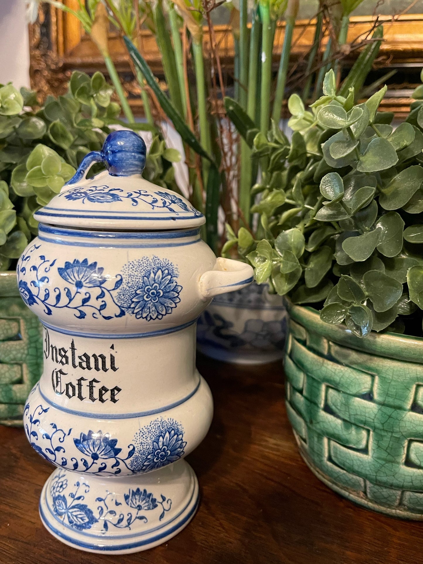 Vintage Blue Onion Instant Coffee Canister with Lid, Hand Painted Porcelain, Japan
