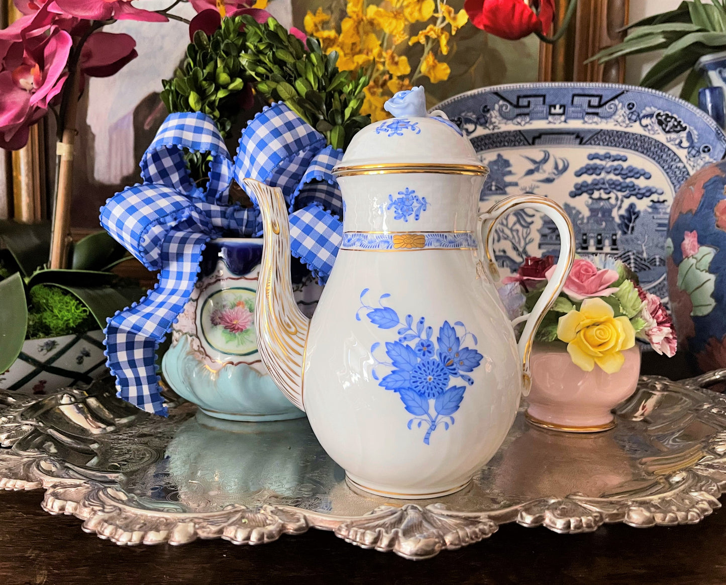 Vintage Herend Chinese Bouquet Blue Coffee Pot with Rose Finial, Large