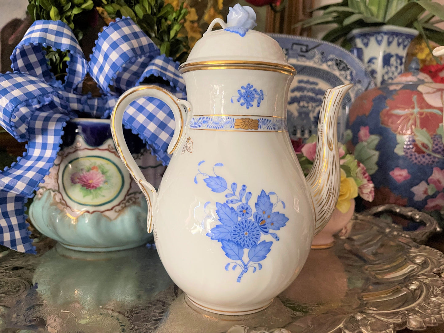 Vintage Herend Chinese Bouquet Blue Coffee Pot with Rose Finial, Large