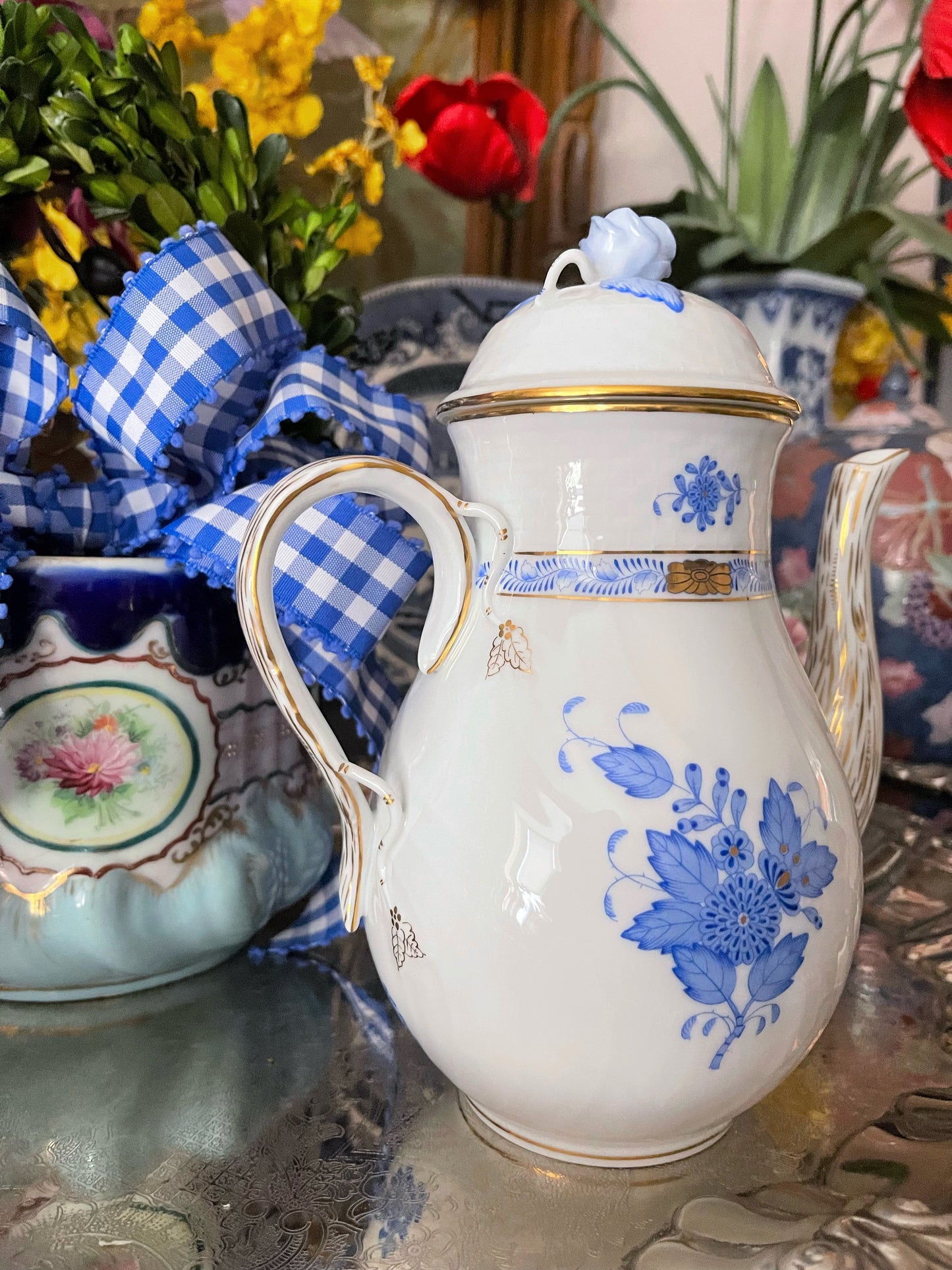 Vintage Herend Chinese Bouquet Blue Coffee Pot with Rose Finial, Large