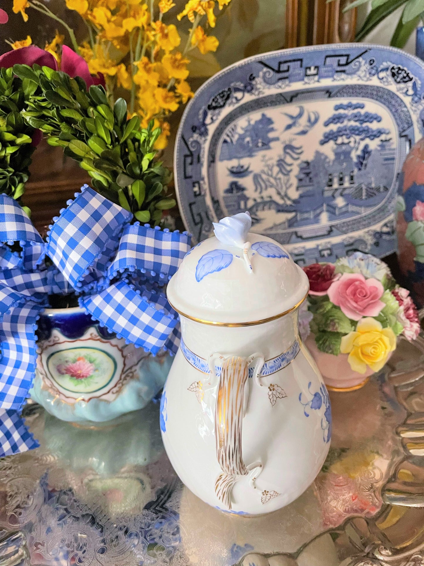 Vintage Herend Chinese Bouquet Blue Coffee Pot with Rose Finial, Large